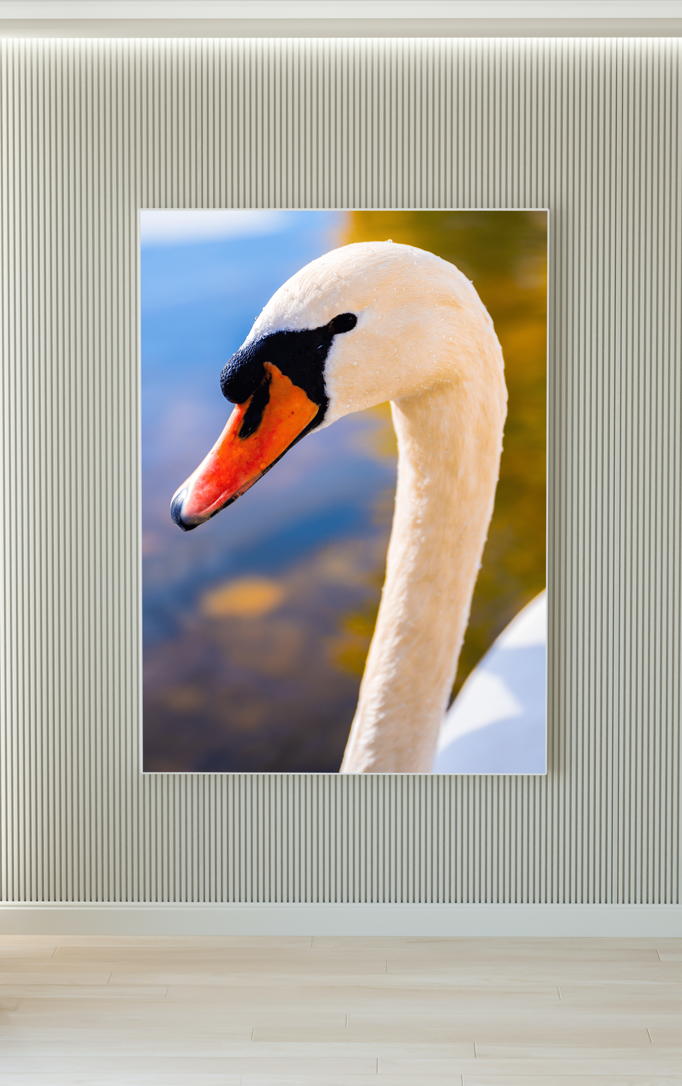 Retrato cercano de un cisne con fondo de agua y vegetación.