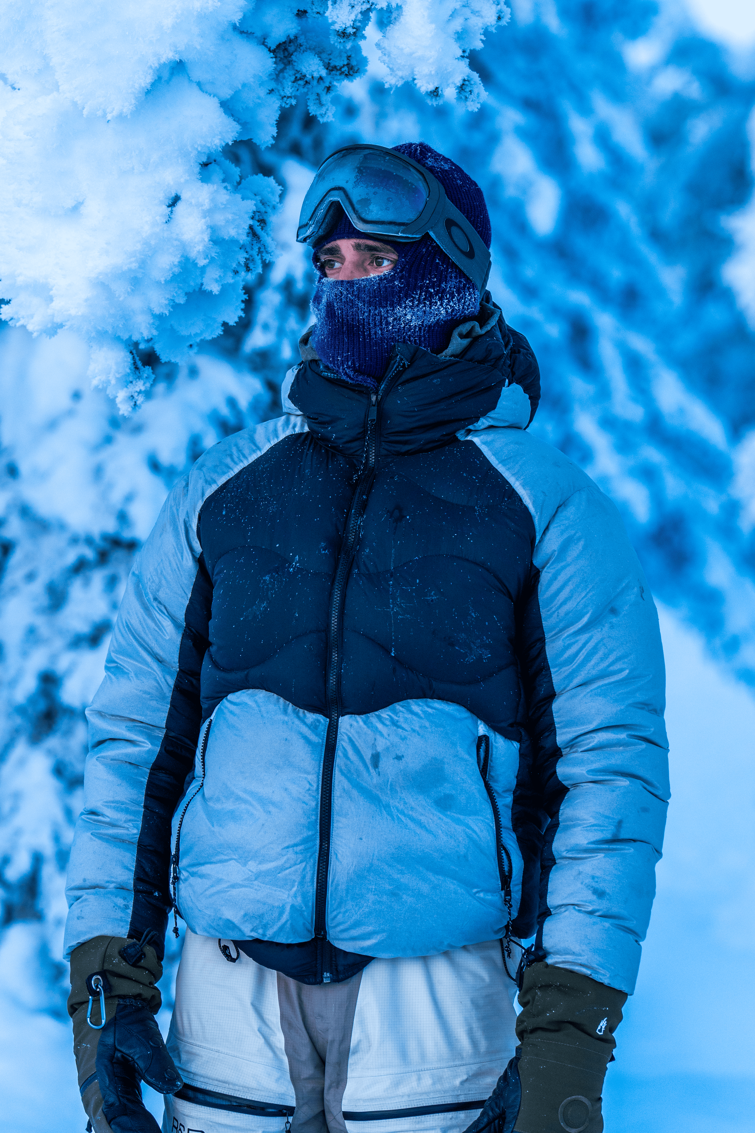 Persona con ropa de invierno en un entorno nevado, usando gafas, gorro, máscara y guantes, con árboles cubiertos de nieve al fondo.
