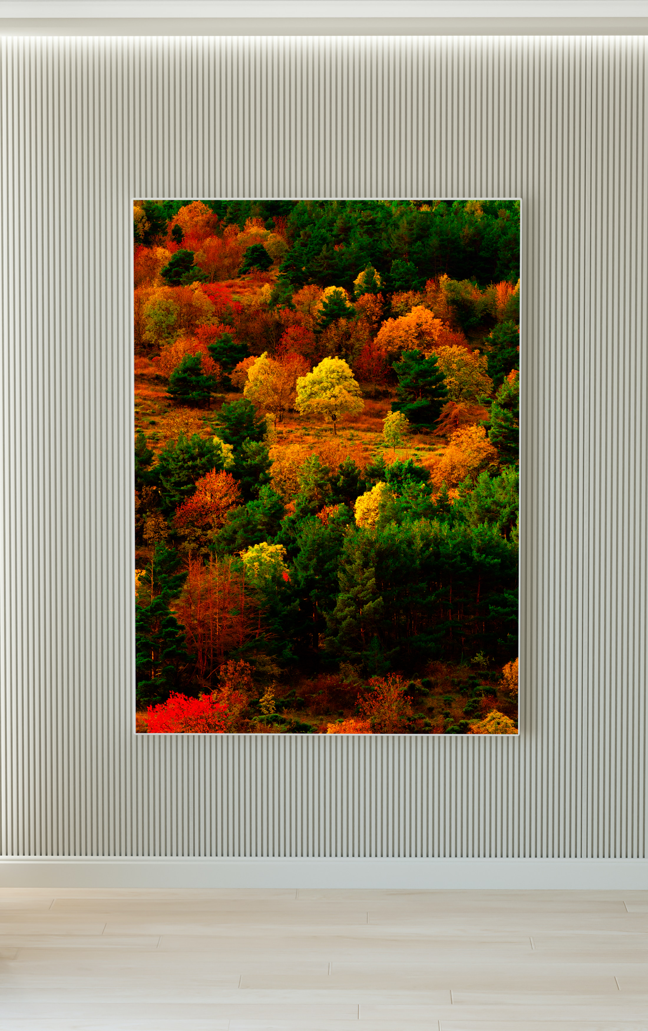 Cuadro con imagen de un bosque de árboles de colores otoñales en un interior moderno con paredes acanaladas y suelo de madera clara.