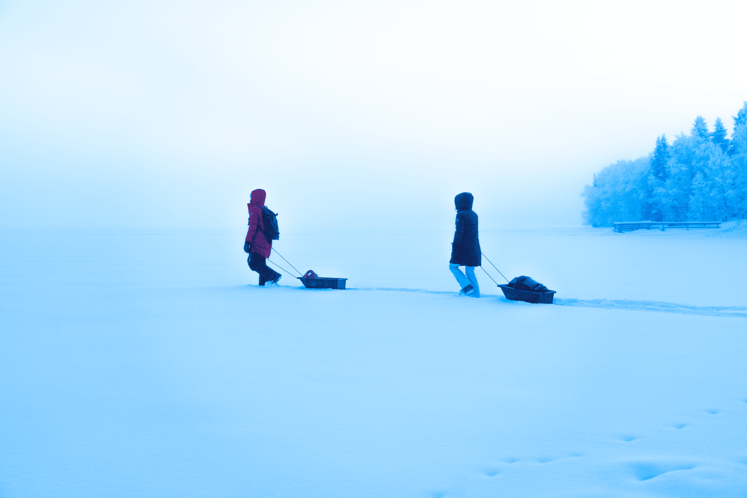 Dos personas caminando en la nieve, cada una jalando una carreta con equipaje, con un árbol cubierto de nieve a la derecha y un puente en la distancia.