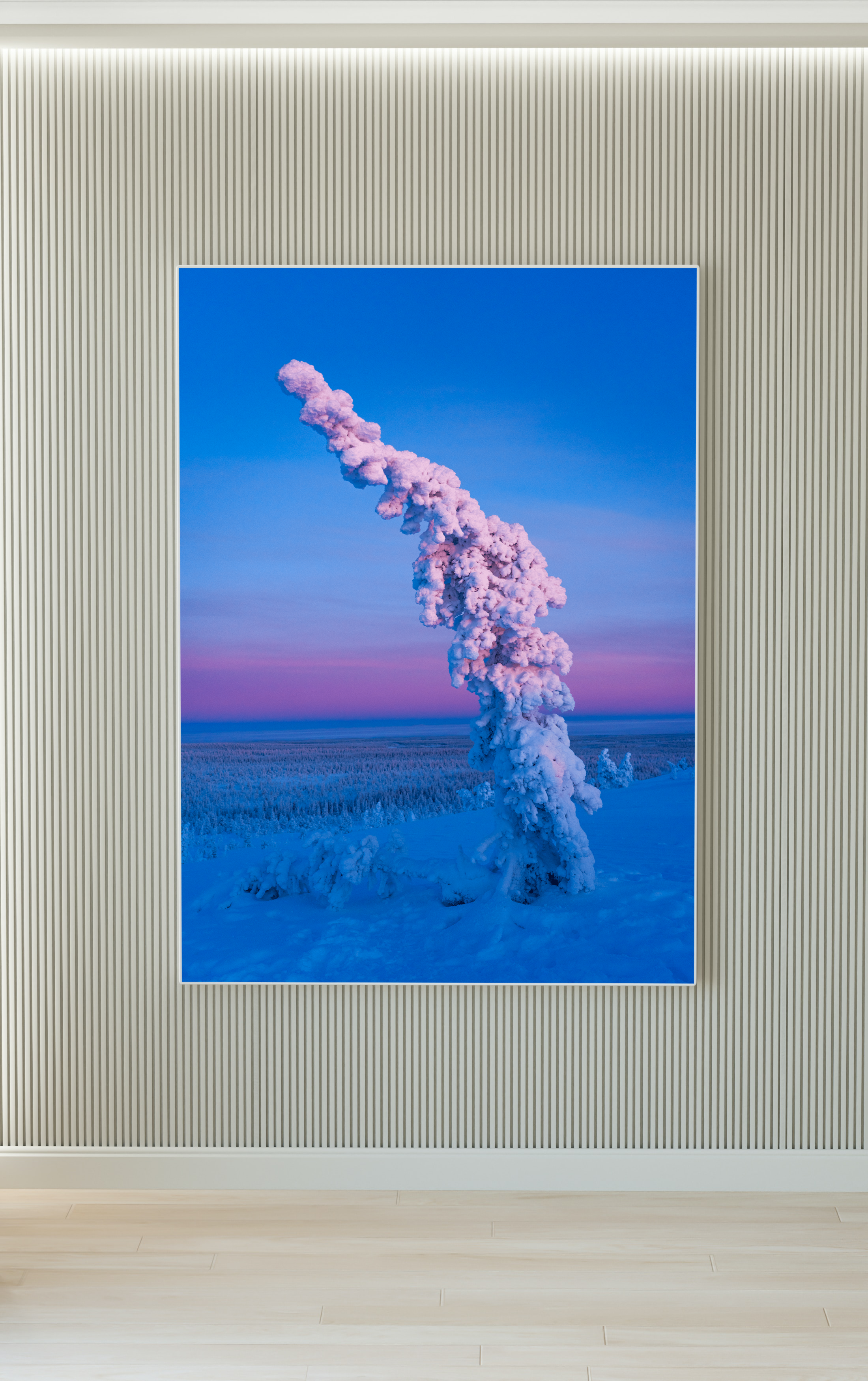 Árbol cubierto de nieve en un paisaje invernal con cielo azul y tonos rosados en el fondo.