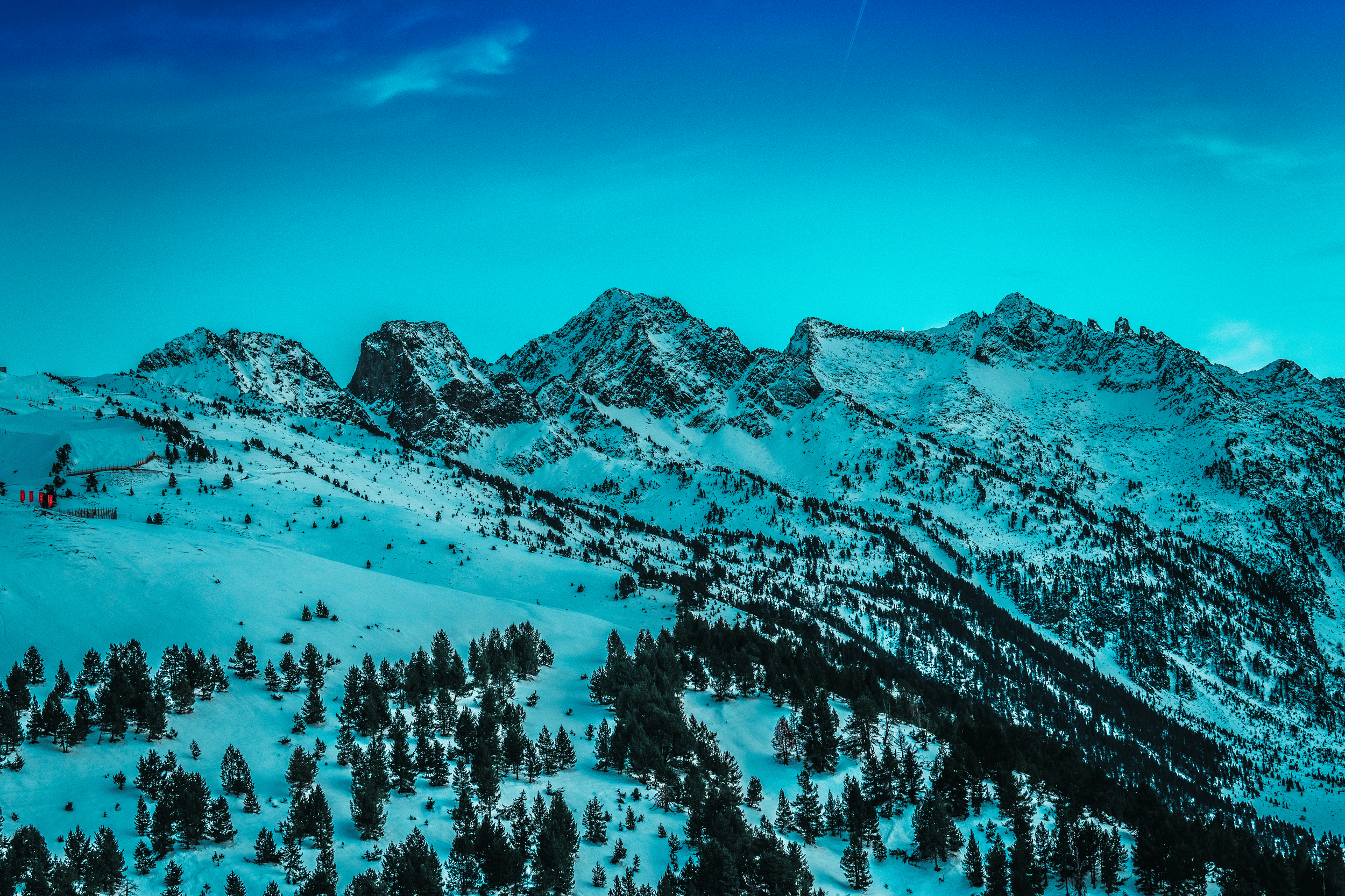 Montañas cubiertas de nieve con árboles en las laderas bajo un cielo azul.
