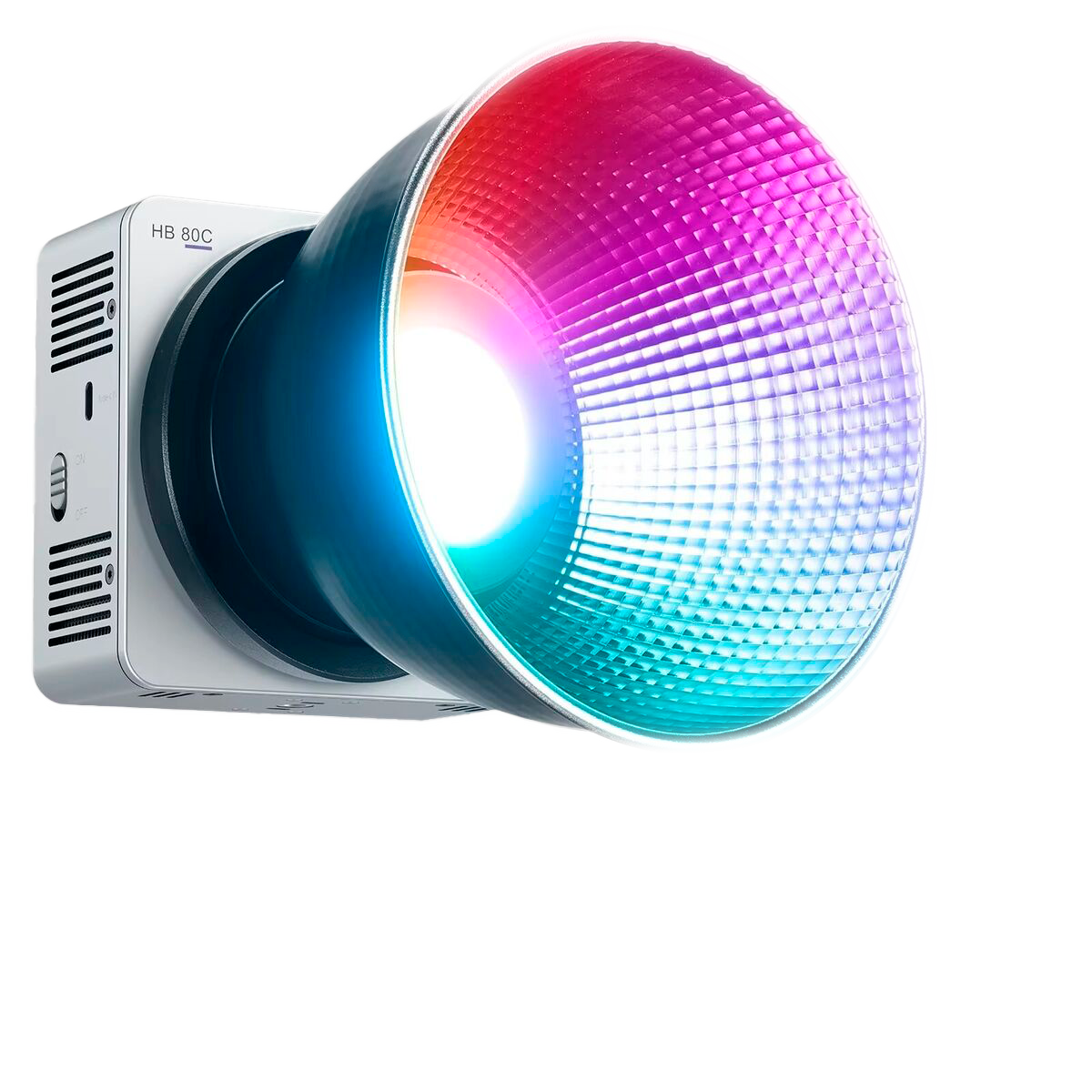 Proyector con luz de colores vibrantes, en tonos rosados, azules y morados, dirigido hacia arriba.