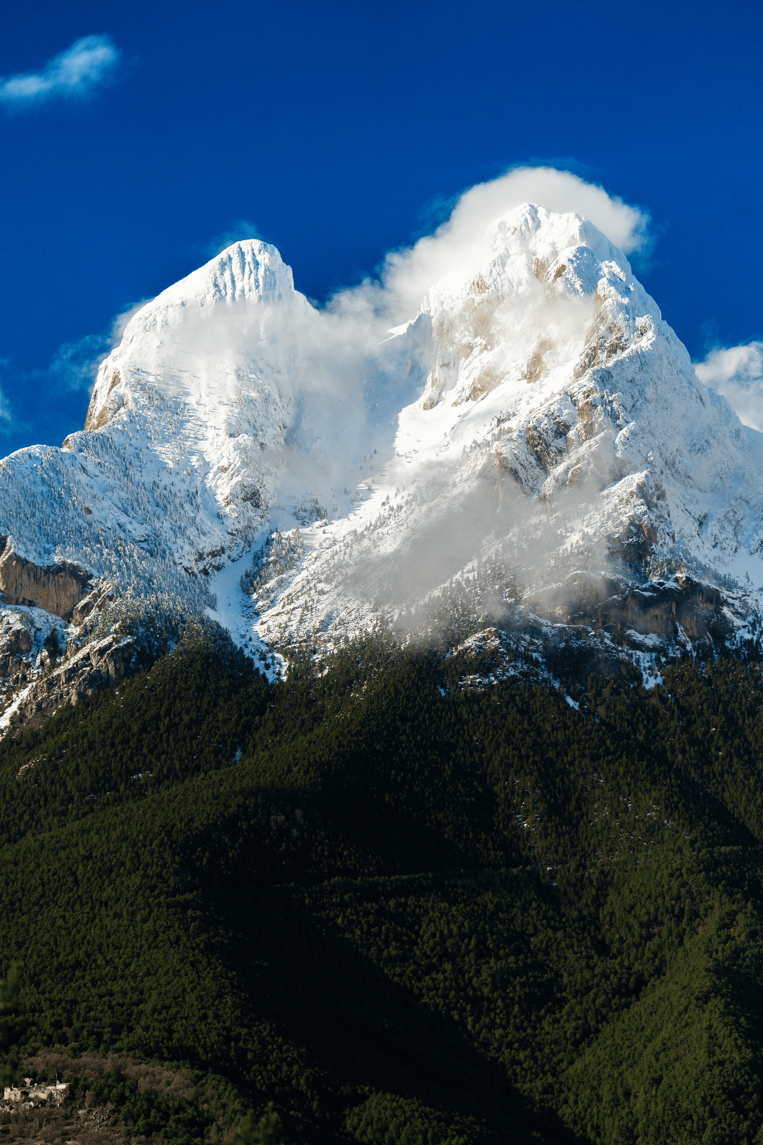 Montañas nevadas bajo un cielo azul con algunas nubes, con vegetación en las laderas inferiores.