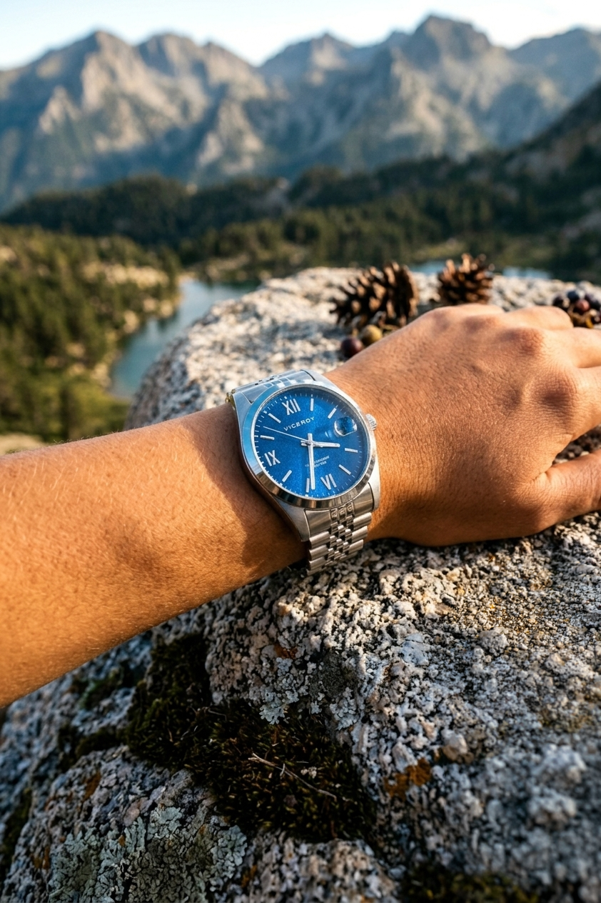 Reloj de pulsera con esfera azul y números romanos, sobre una roca en un entorno montañoso con paisaje de montañas, árboles y un lago en el fondo.