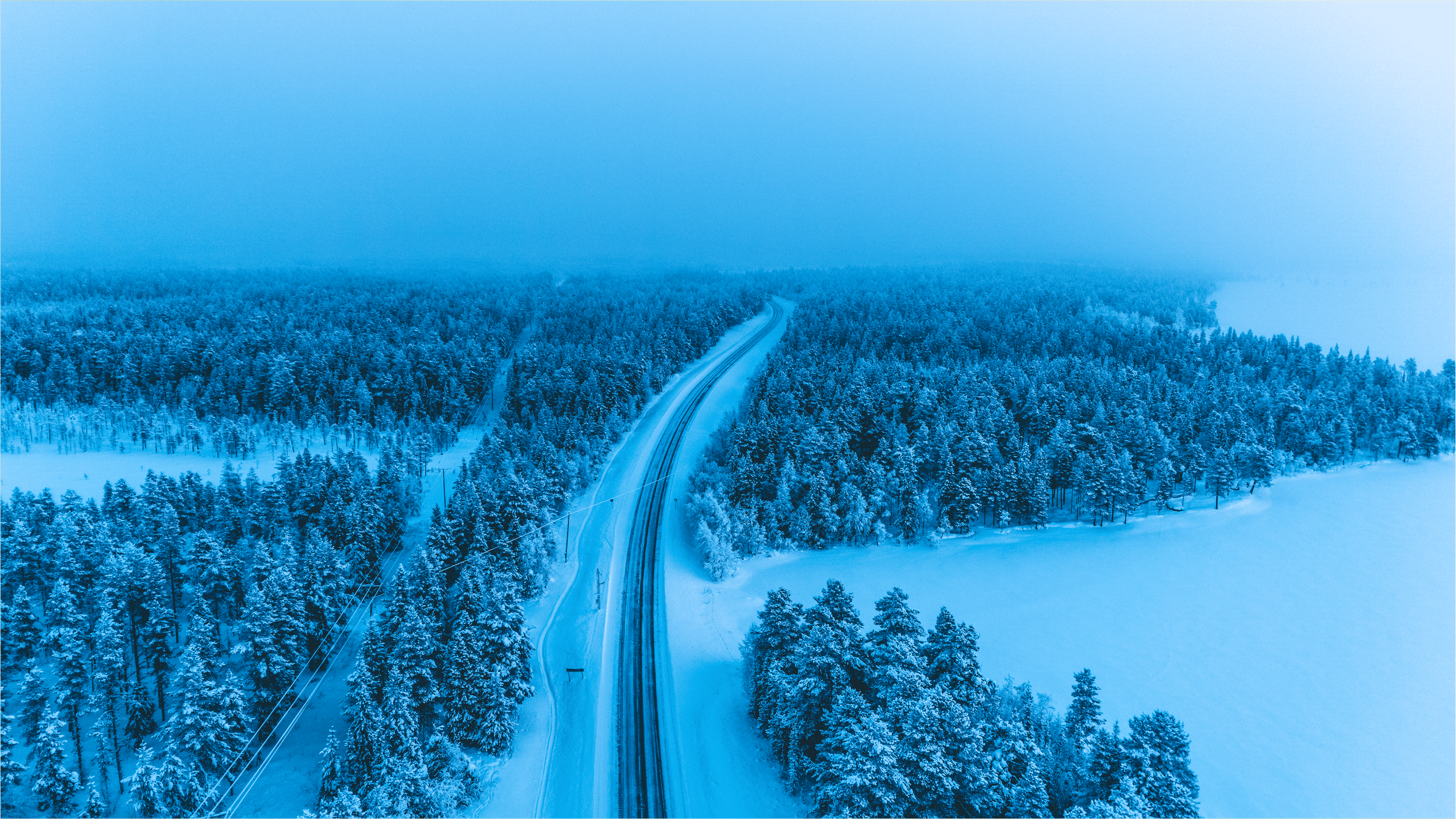 Camino nevado rodeado de árboles cubiertos de nieve en un paisaje invernal, vista aérea de la naturaleza en invierno.