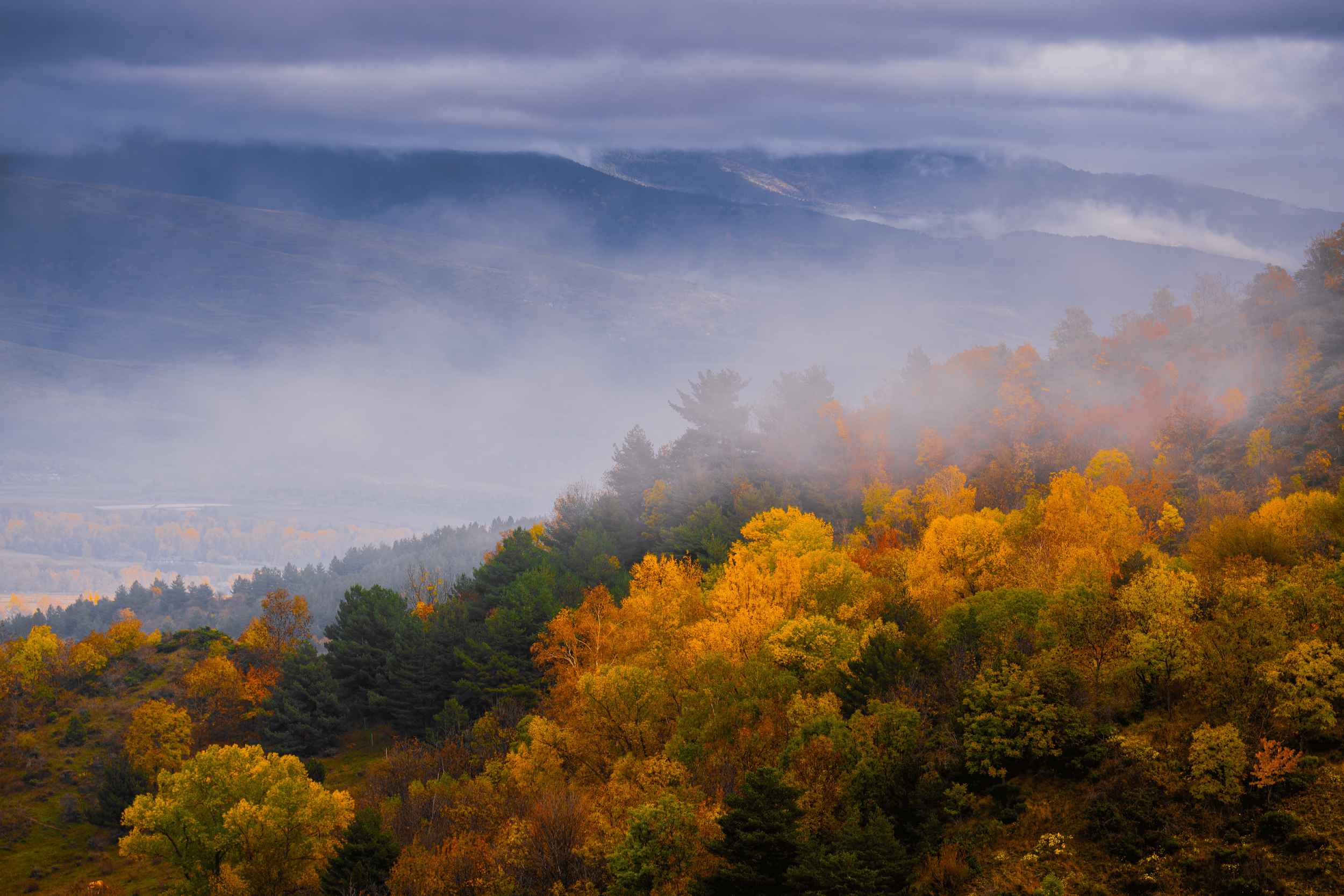 Paisaje de montañas y bosque otoñal con árboles de colores dorados, naranjas y verdes, con nubes bajas y niebla en la distancia.