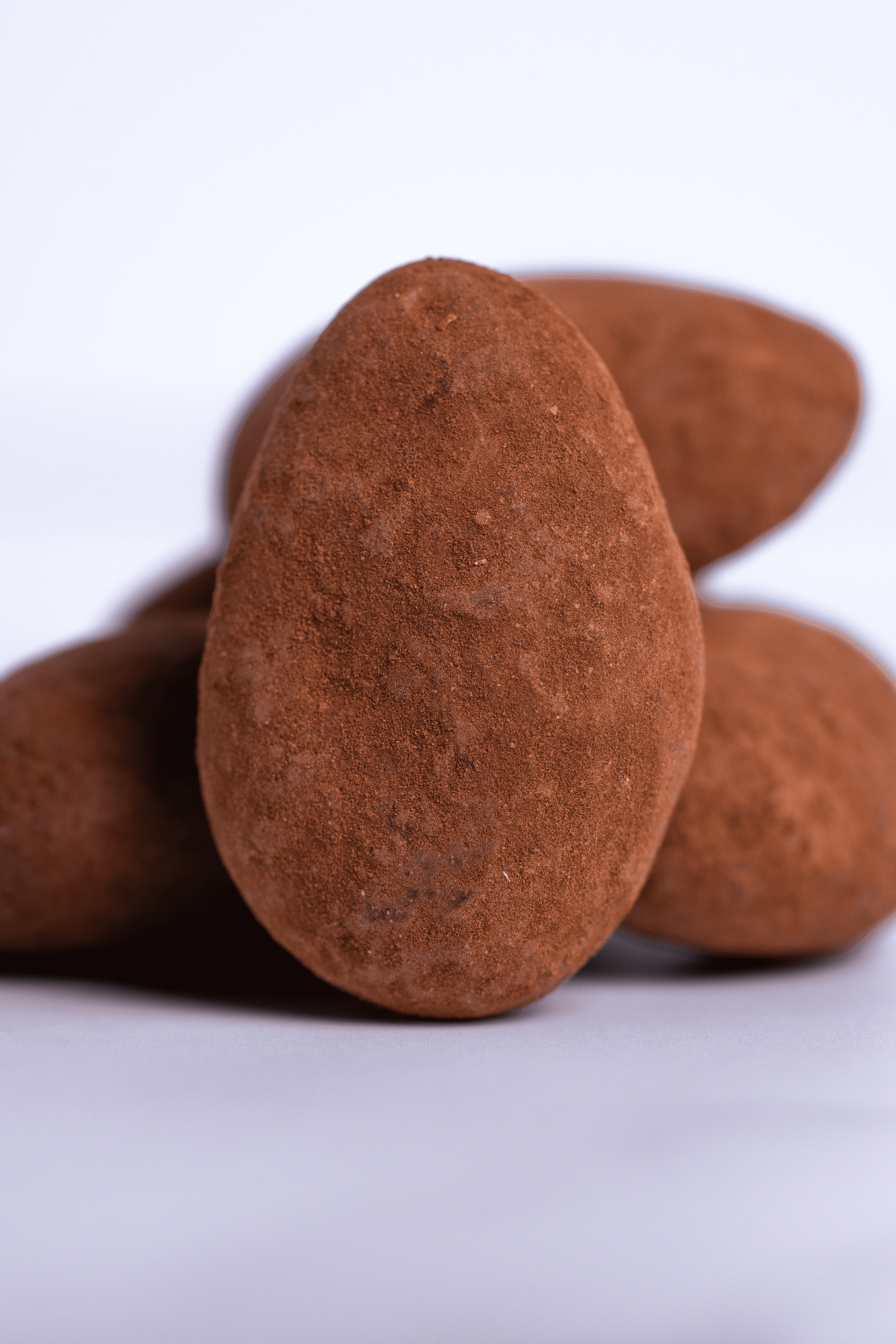 Trufas de chocolate cubiertas de cacao en polvo sobre fondo blanco.
