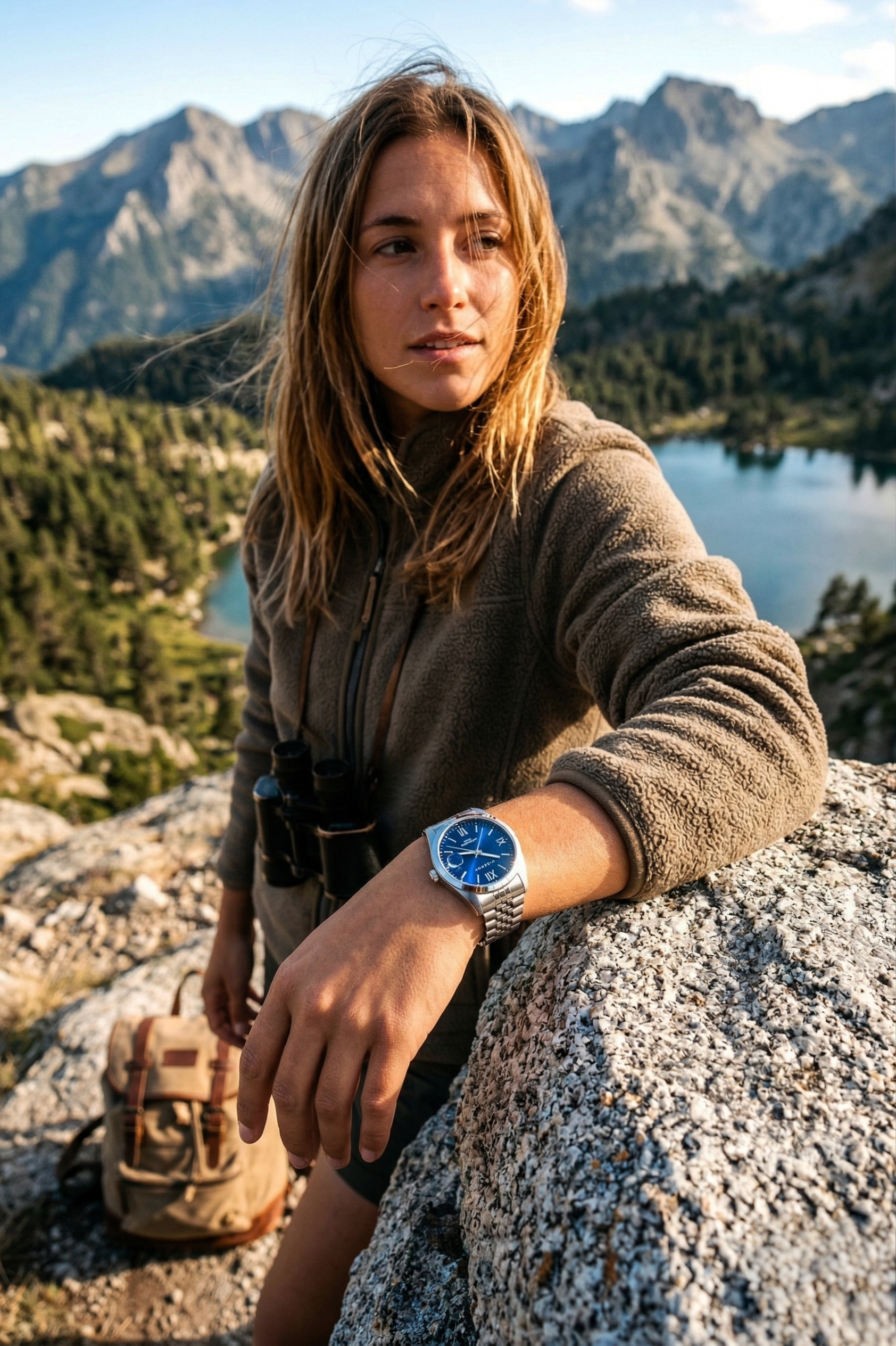 Mujer con reloj en la muñeca, en un paisaje montañoso con lagos y vegetación, rodeada de rocas y con mochila en el suelo.