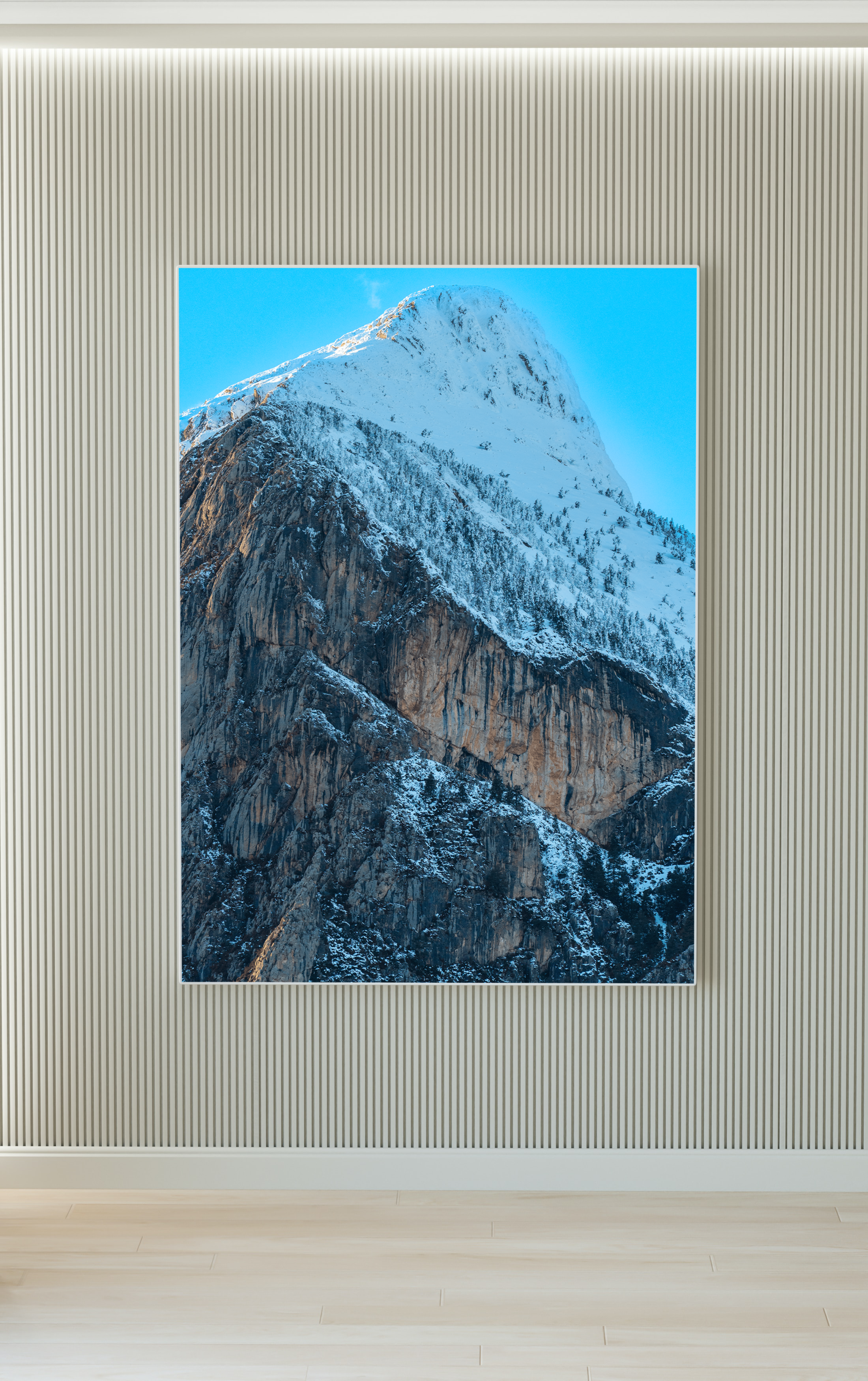 Montaña con nieve en un entorno rocoso y árboles, cielo azul claro.