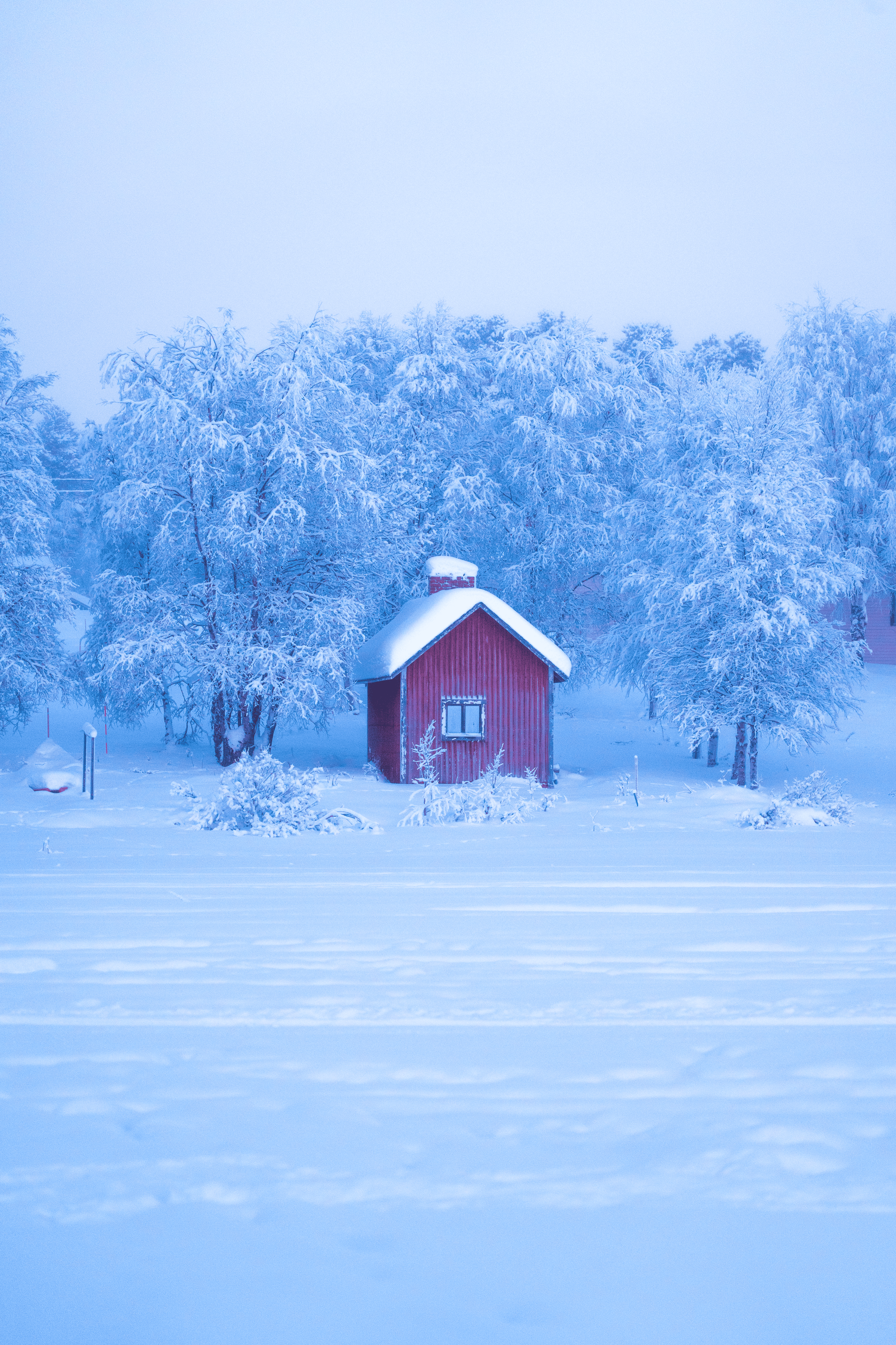 Una cabaña roja rodeada de árboles cubiertos de nieve, en un paisaje invernal con nieve en el suelo y cielo nublado.