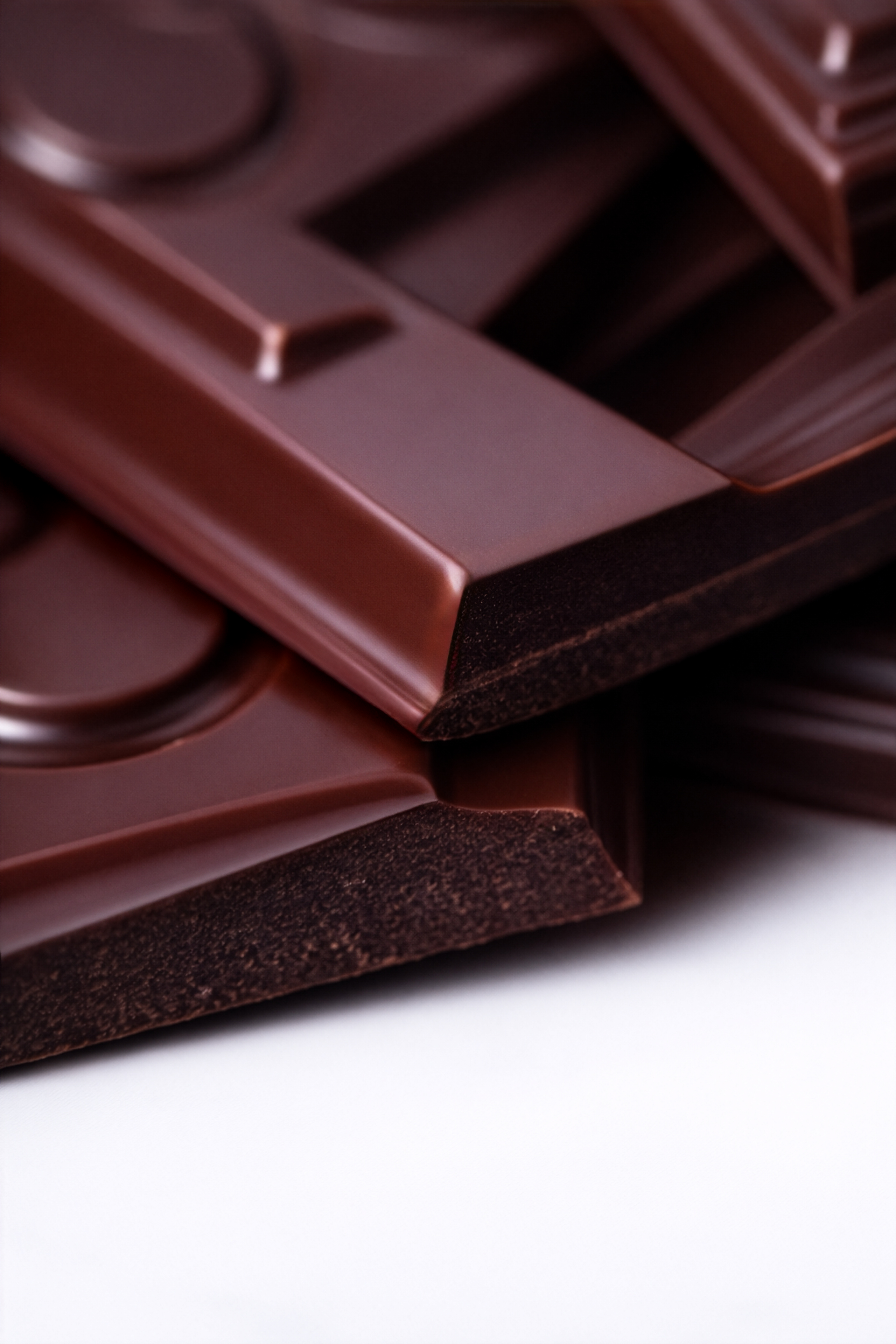 Múltiples barras de chocolate oscuro apiladas. 