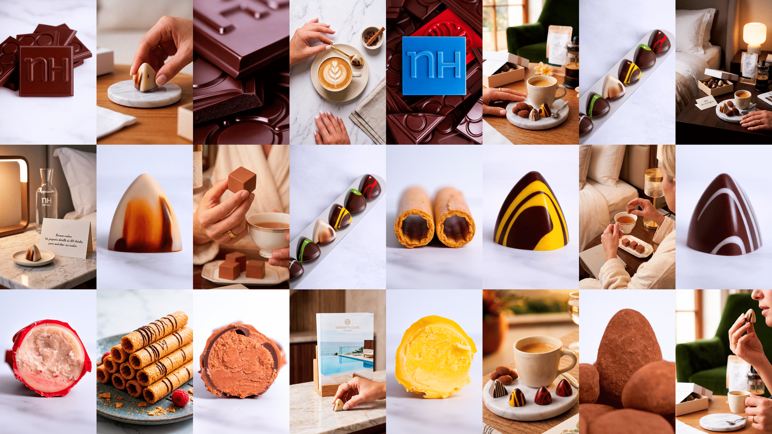 Collage de chocolates, postres, y bebidas en un entorno acogedor. Se observan varias piezas de chocolate, dulces rellenos, cafés, y decoraciones elegantes en diferentes ambientes.