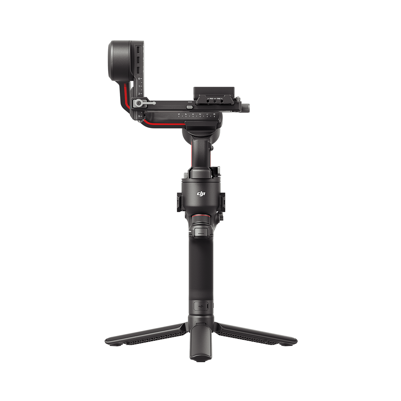 Estabilizador de cámara DJI Ronin 4D con soporte para cámara en la parte superior, en color negro con detalles rojos, sobre fondo negro.