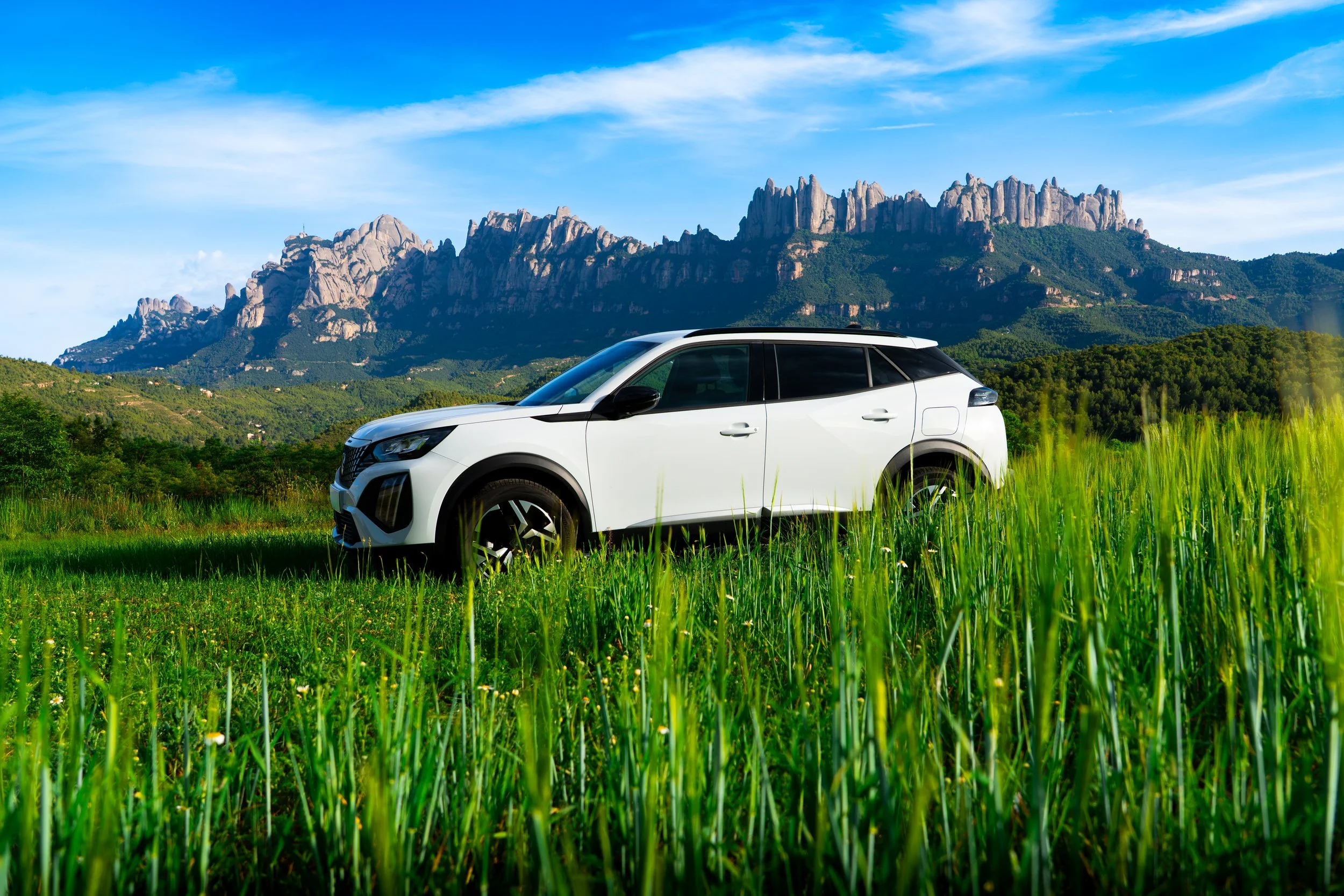 Coche blanco en un campo con montañas y cielo despejado al fondo.