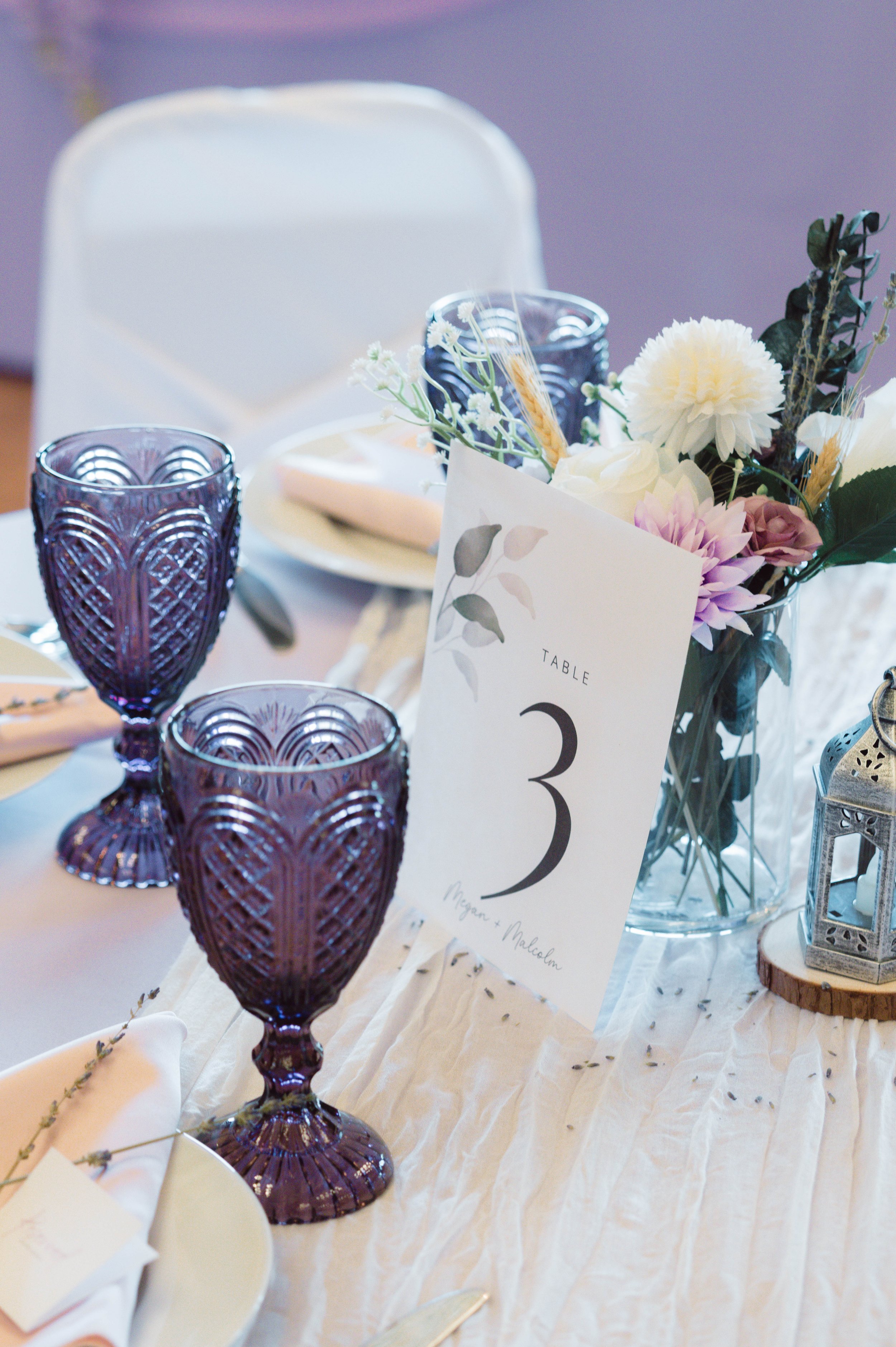 purple wedding reception table