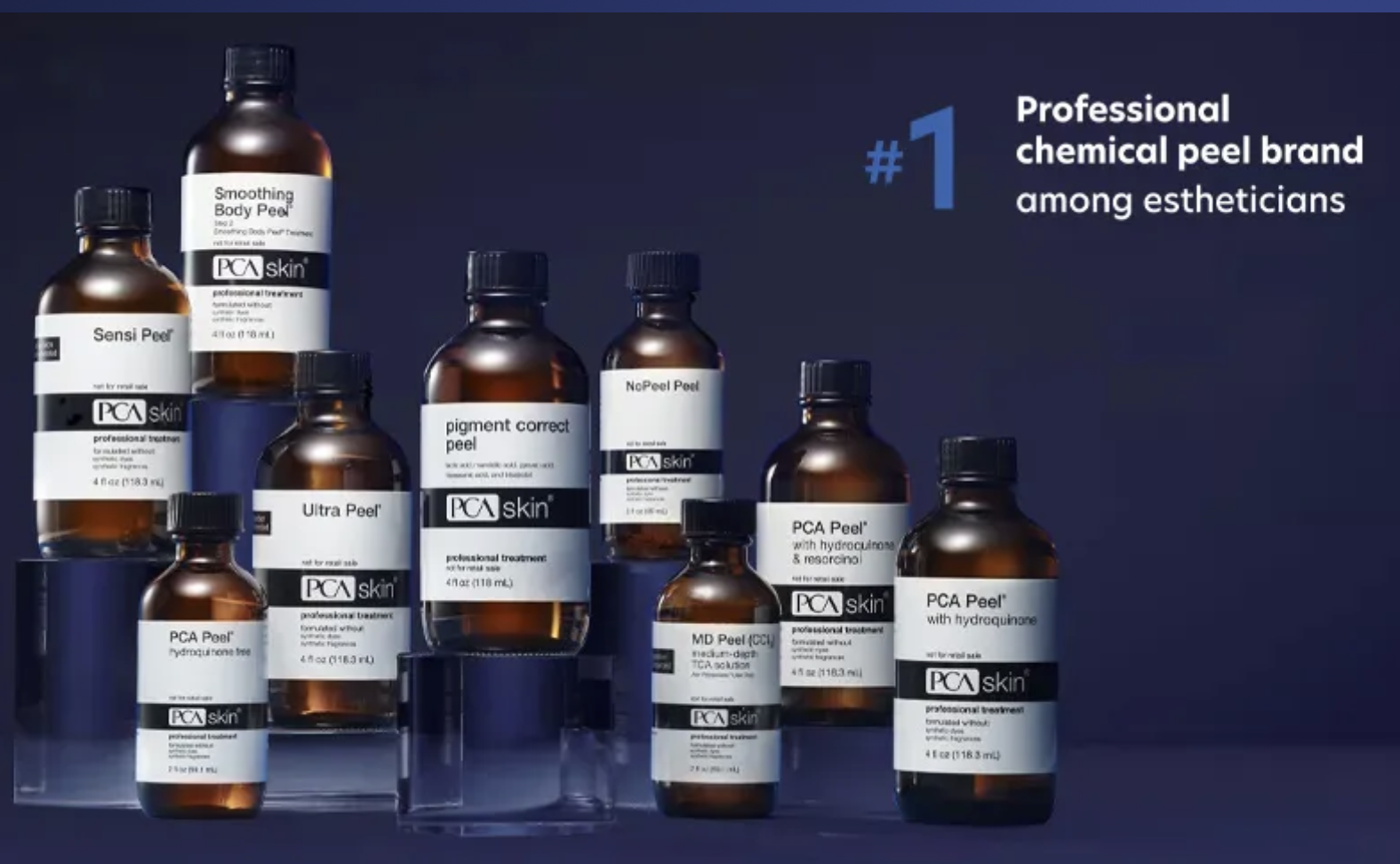 Display of various PCA Skin chemical peel products in brown bottles with white labels and black caps, arranged on a dark background with text highlighting the brand's professional recognition in chemical peels.