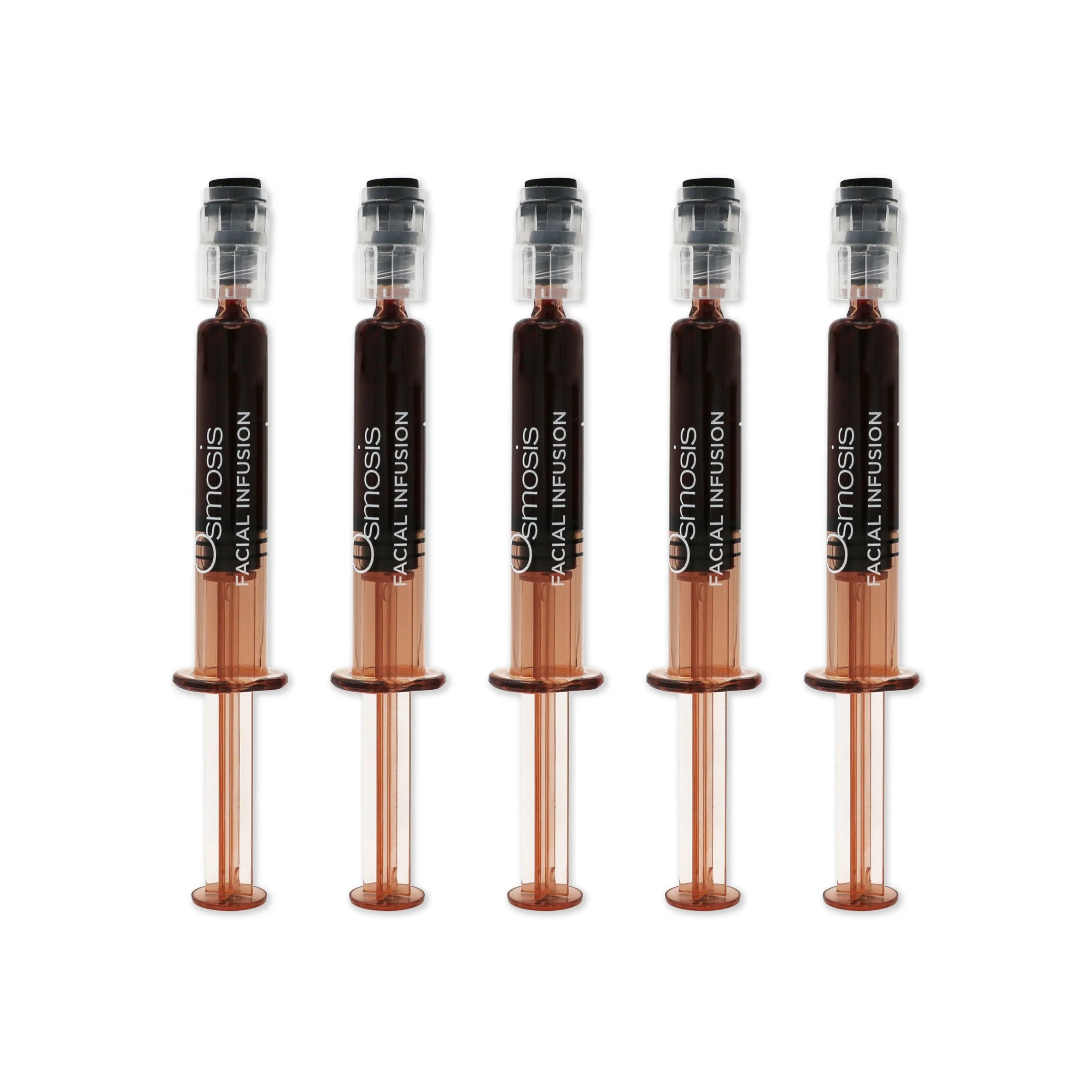 Six syringes filled with dark liquid, arranged in a row against a white background.