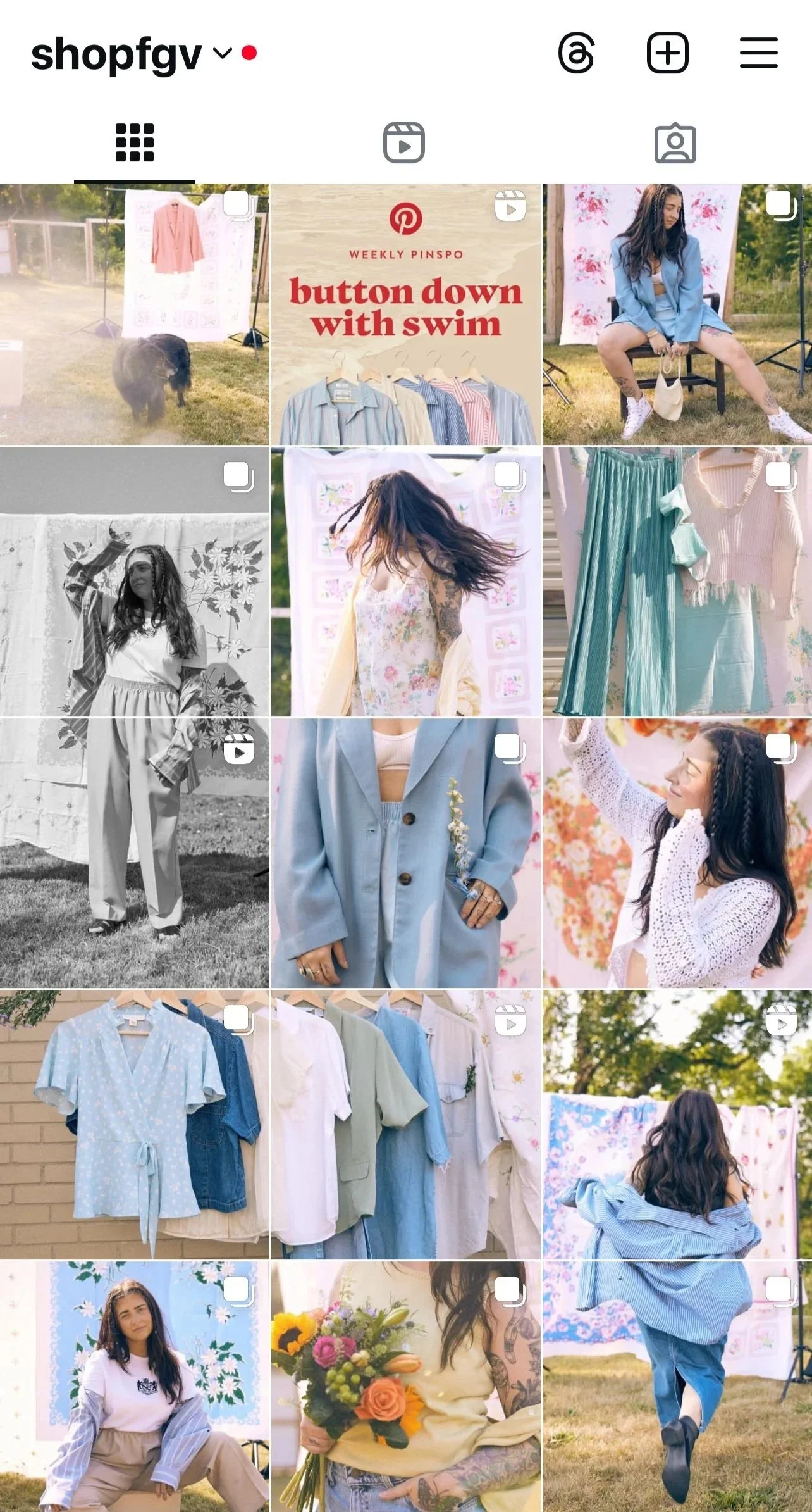 Instagram profile page showing photos of clothing and models at an outdoor photoshoot, with fabric backdrops and a dog.