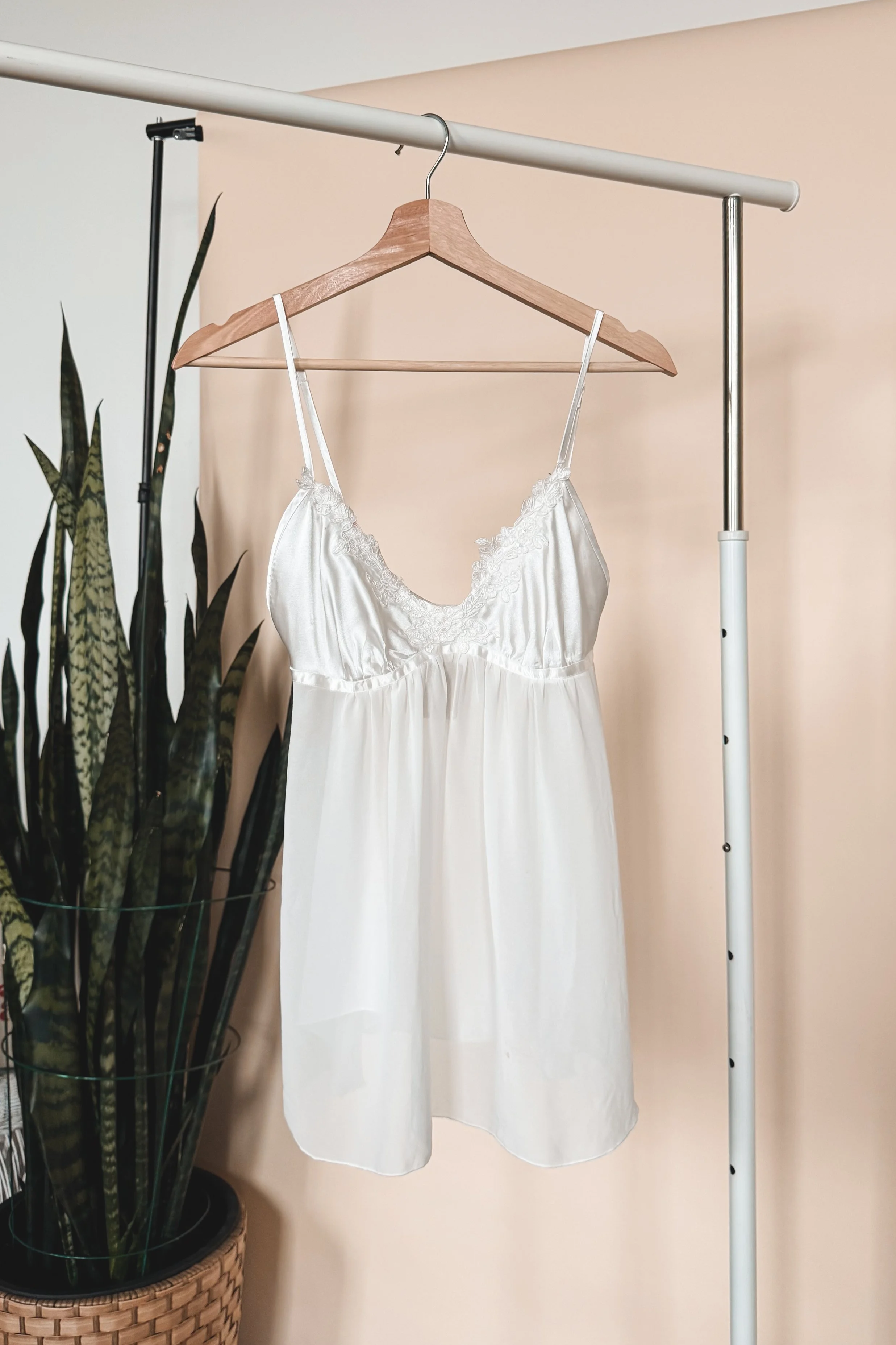 A white silk nightgown with lace trim hangs on a wooden hanger from a clothing rack. There is a potted snake plant next to it.