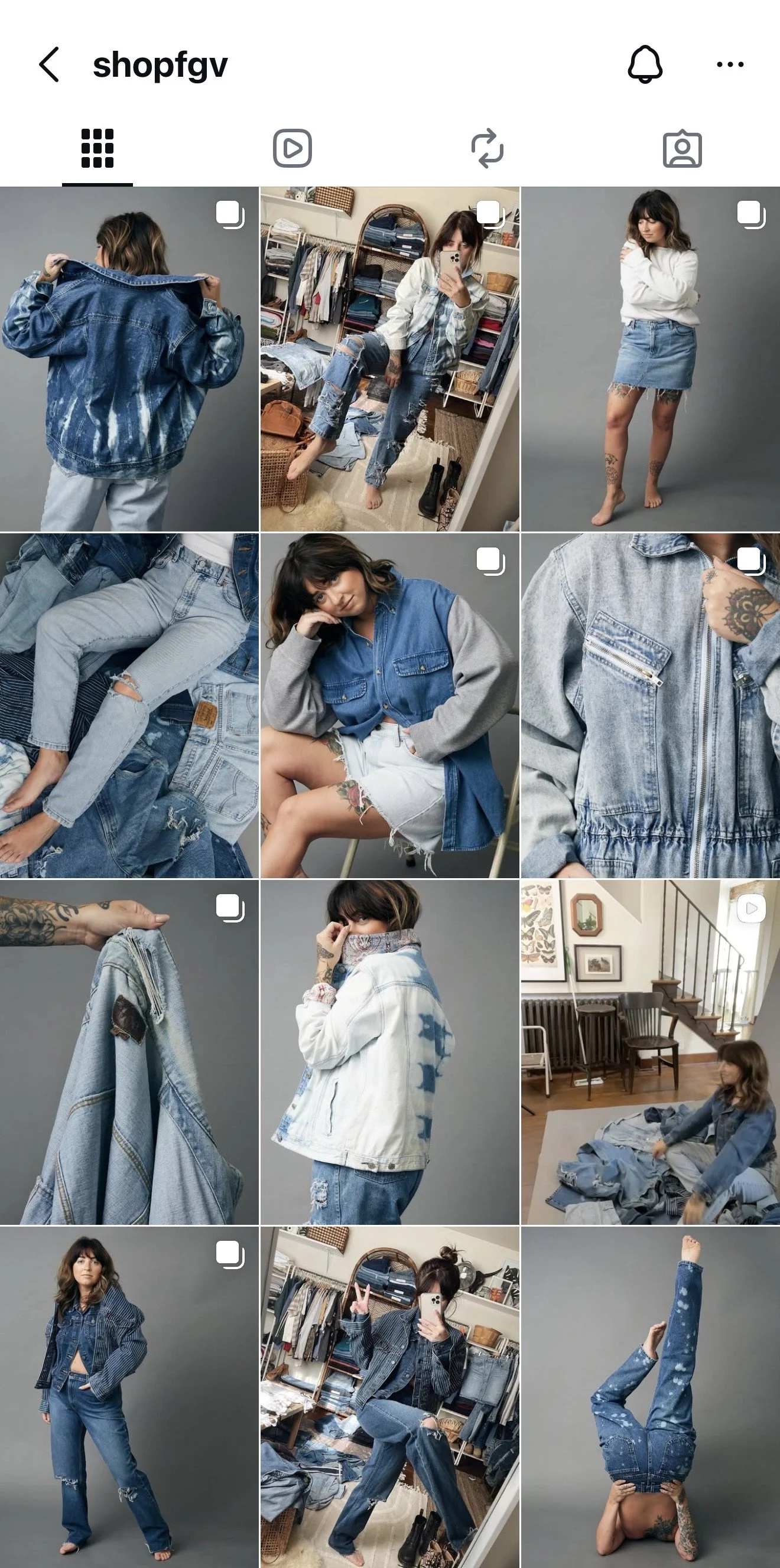 Collage of nine images featuring women modeling and posing in various denim outfits, including jackets, jeans, skirts, and casual wear, with some images taken indoors against plain backgrounds and others in a home setting.