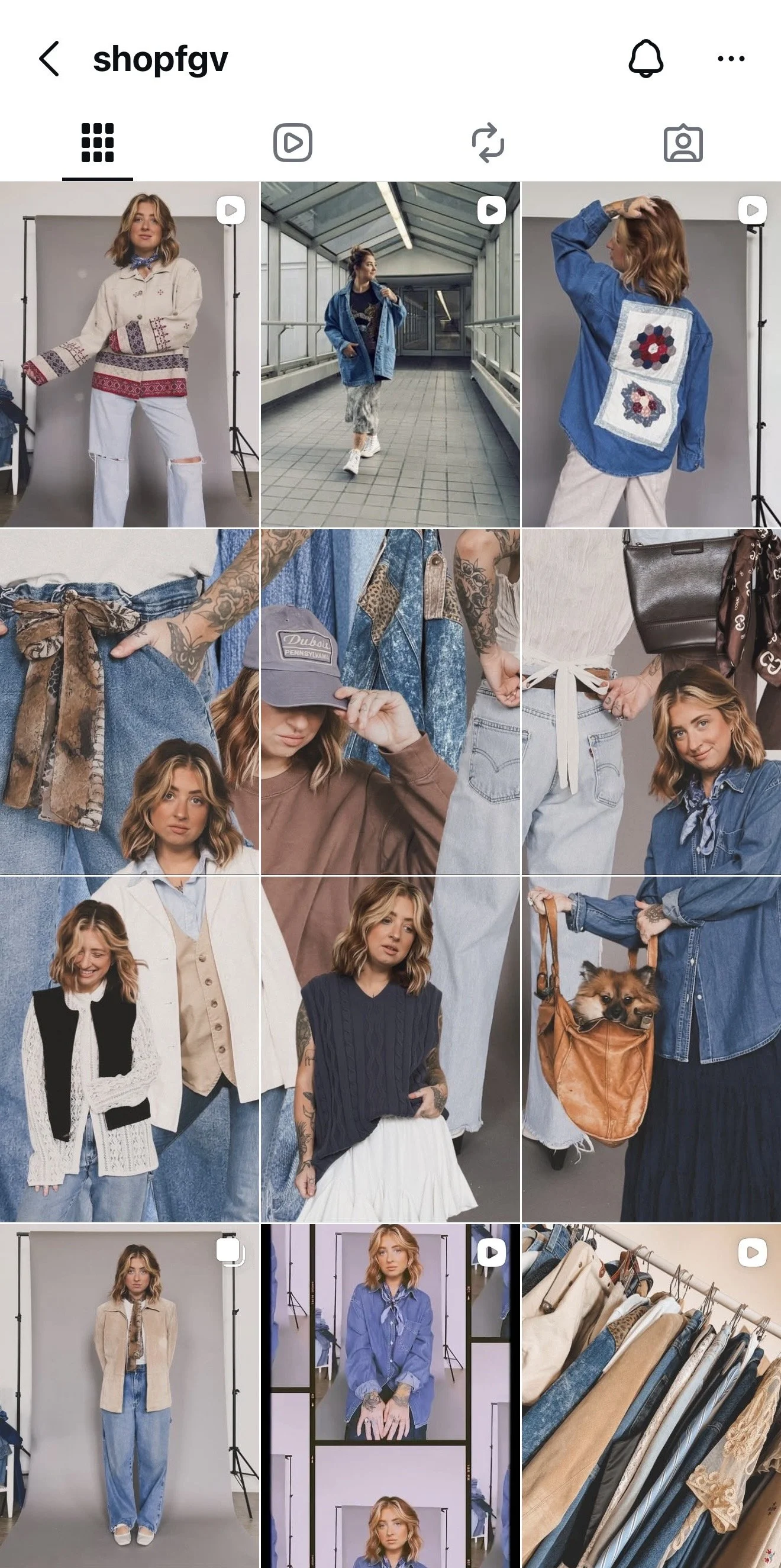 Fashion photos of a woman modeling various casual outfits, including sweaters, jeans, jackets, and accessories, in different settings.