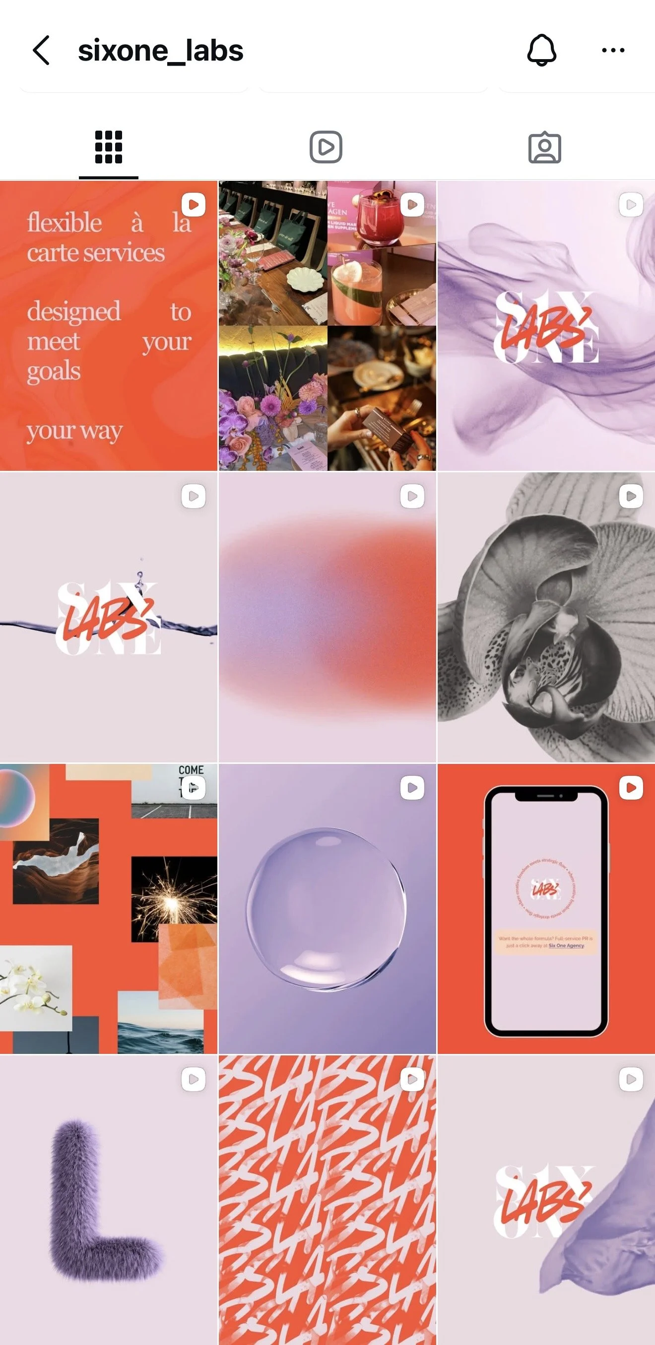 Instagram profile grid with various images including text about flexible services, floral arrangements, colorful drinks, abstract graphics, black and white flower, water splash, smartphone graphic, close-up of a fluffy purple letter L, repeating 'SLA