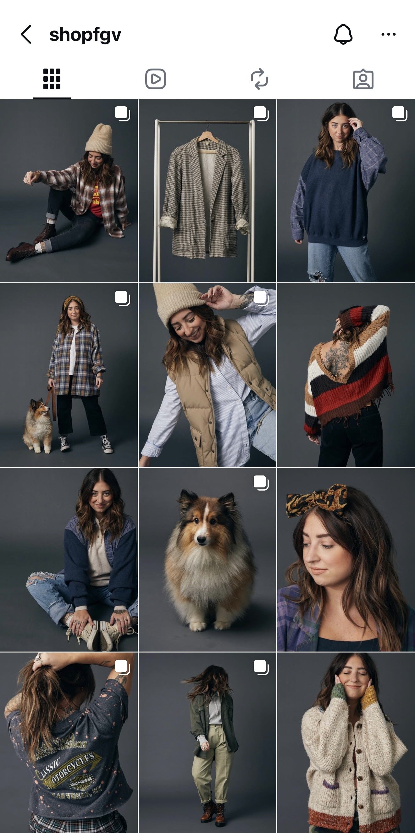 Collage of nine images featuring women in various casual and outdoor outfits, a dog, a coat on a hanger, and a close-up of a woman with a flower headband and a tattoo.