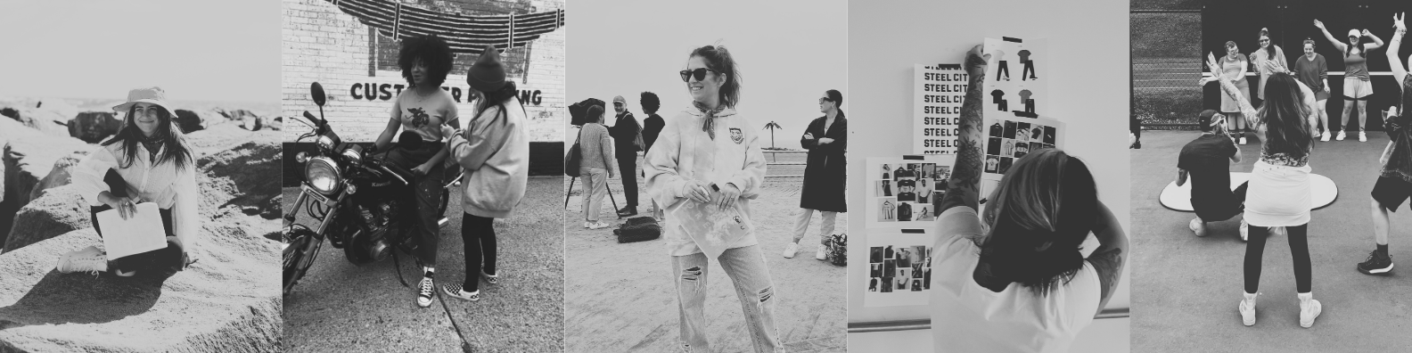 A collage of six black and white photos depicting various outdoor and indoor activities, including a woman with a laptop on rocks, two women on a motorcycle, a woman with sunglasses on a beach, a woman looking at an art display, and a group of people practicing dance or exercise in a studio.