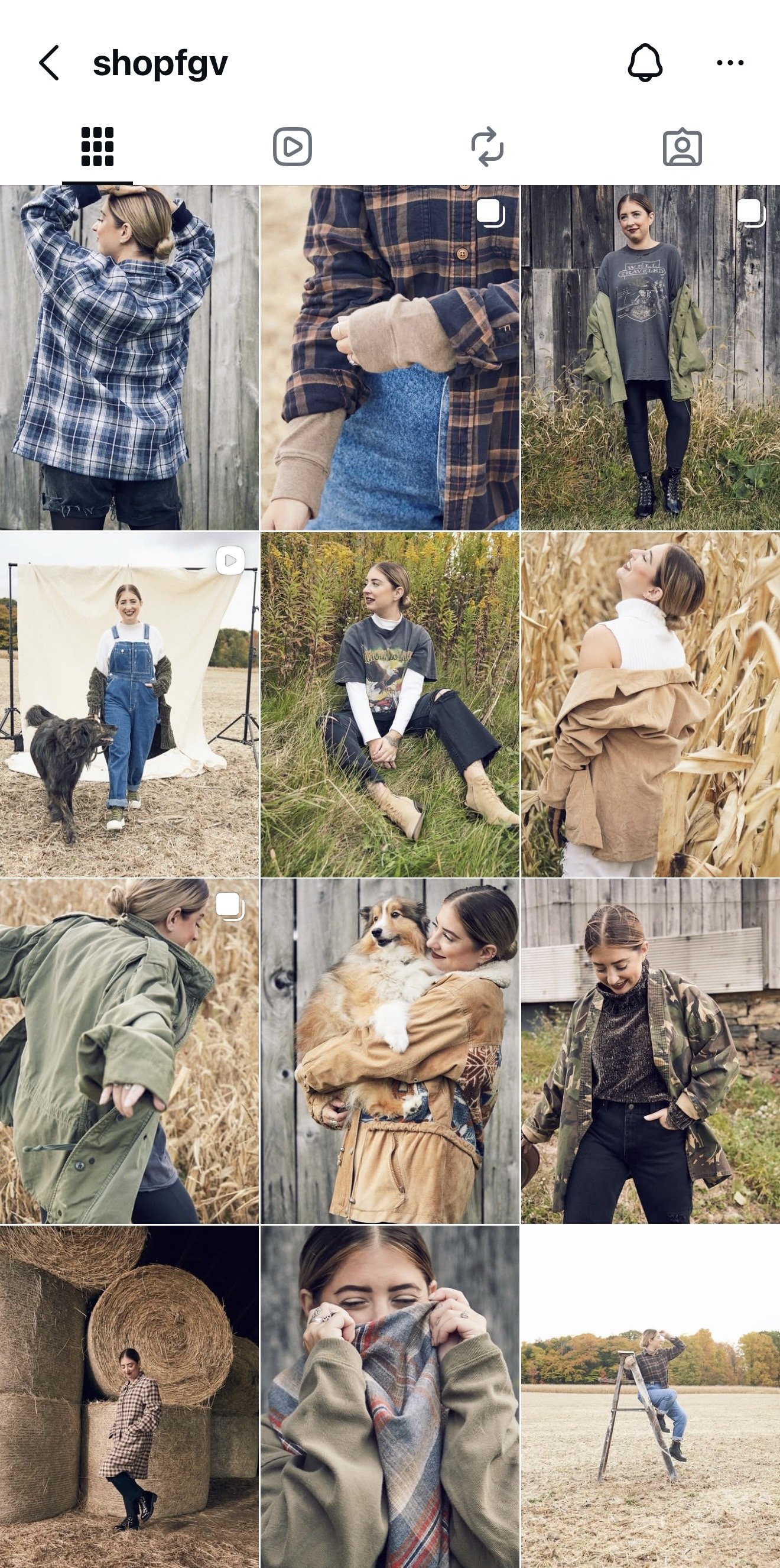 Collage of women in fall outdoor settings, some posing in fields and against wooden fences, wearing cozy fall clothing like flannel shirts, jackets, and sweaters, with some holding animals like a dog and a dog.
