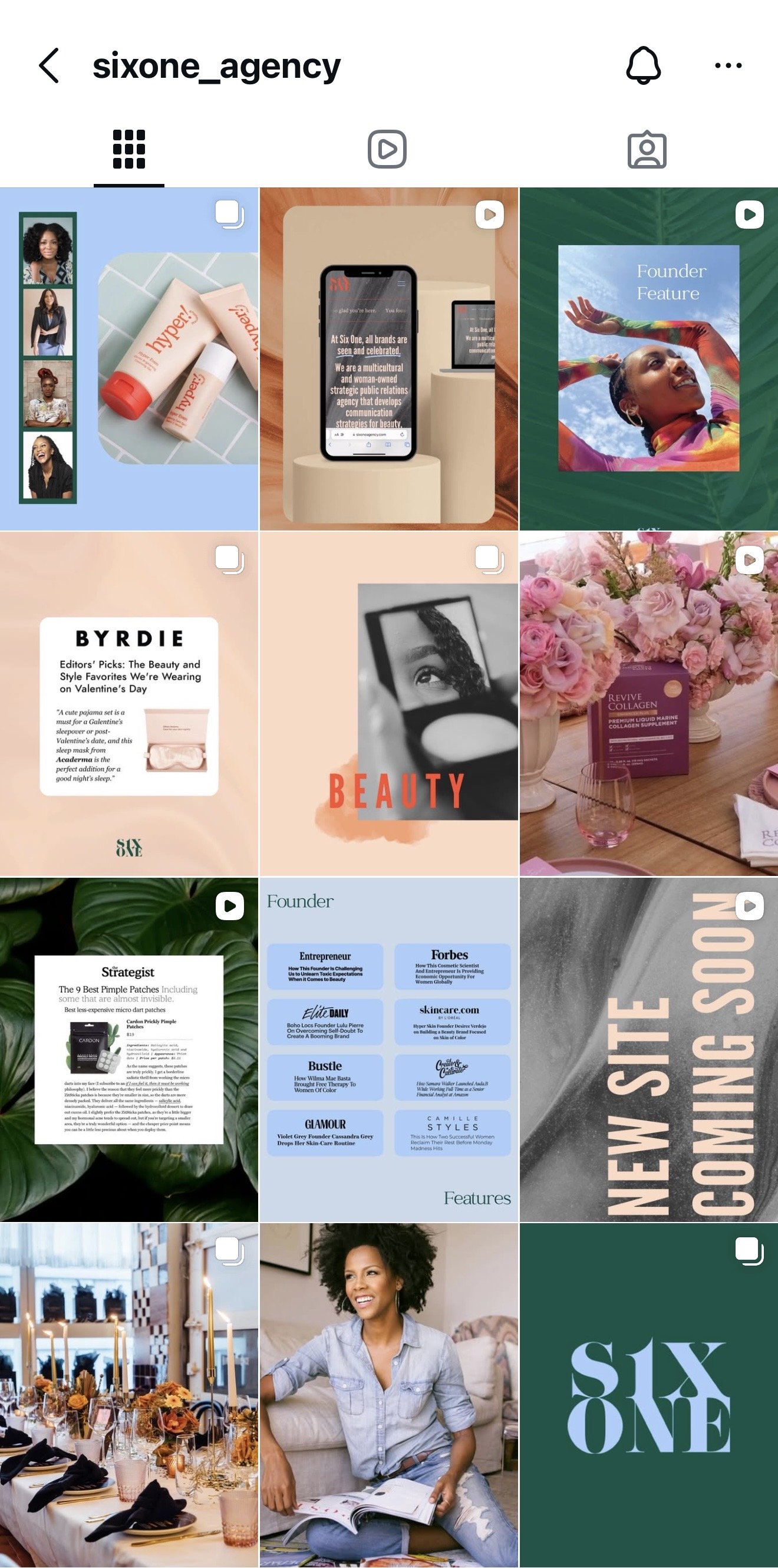 Instagram profile grid with various images, including beauty products, a phone displaying a website, a person with colorful makeup, a floral arrangement, a food feature, a woman sitting on a couch, a decorated table setting, and text promoting a webs