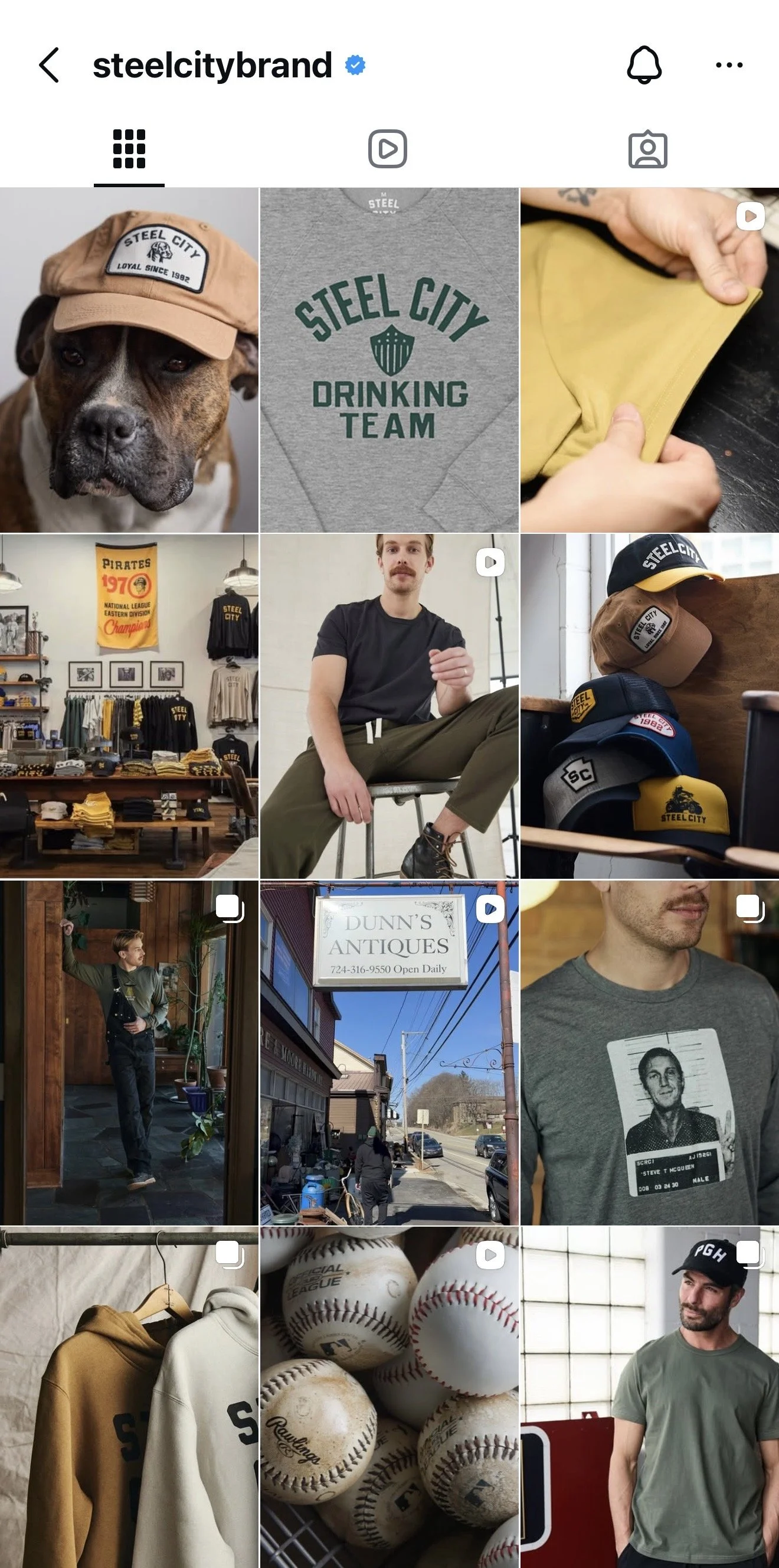Collage of images featuring Steel City merchandise, a dog wearing a Steel City cap, people wearing Steel City apparel, a sign for Dunn's Antiques, and baseballs. The images suggest a sports team or local brand theme.