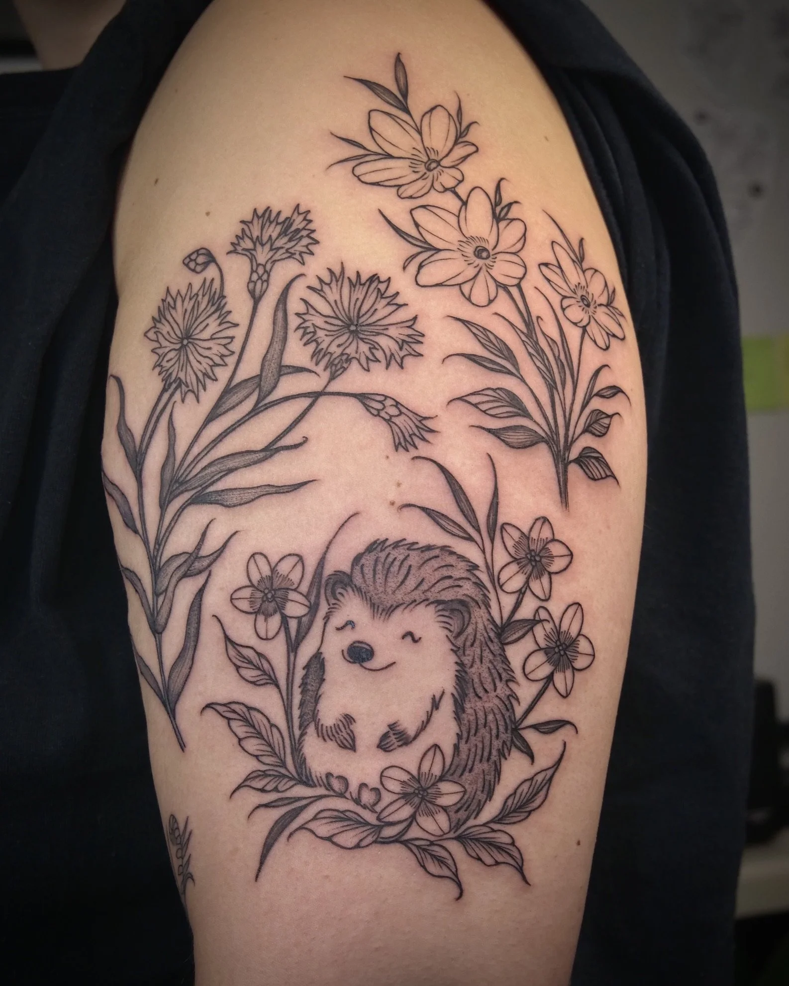 Black outline tattoo of a hedgehog surrounded by various flowers and leaves on a person's upper arm.