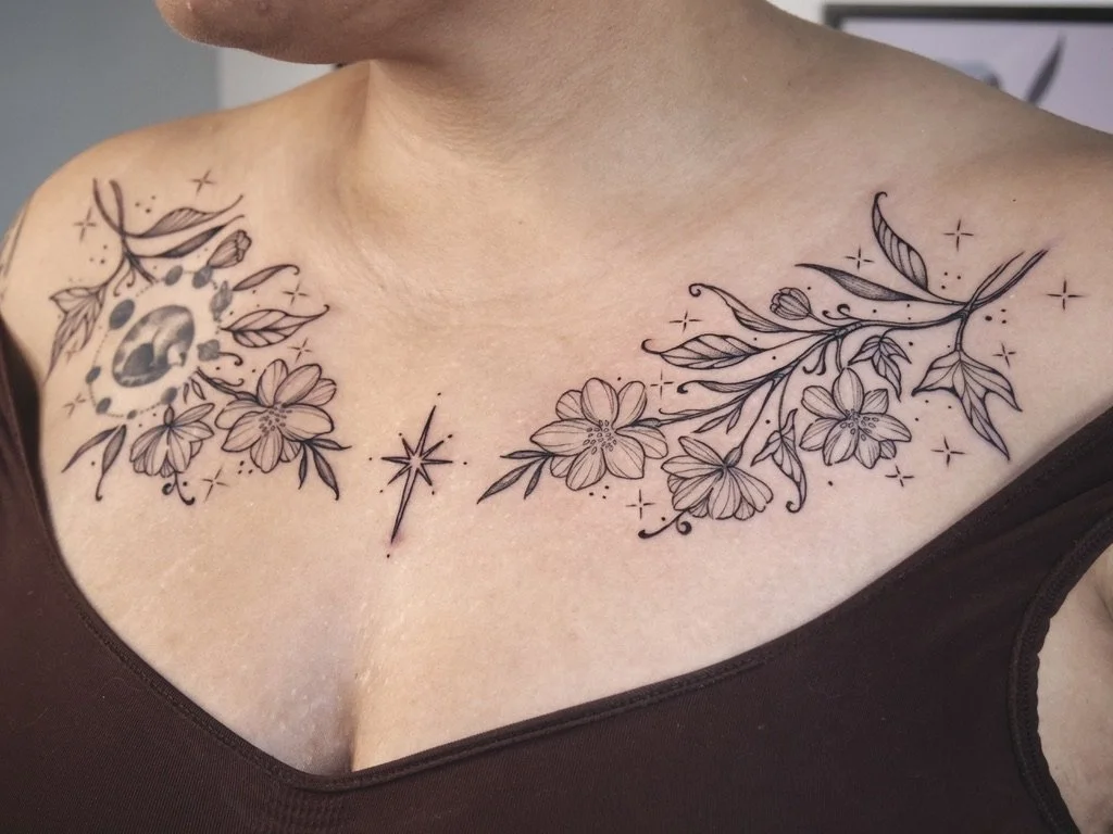 Tattoo of flowers extending across the woman's chest with a star in the center.