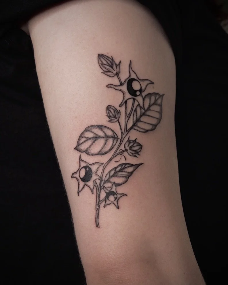 Tattoo of a branch with leaves and berries on a person's upper arm.