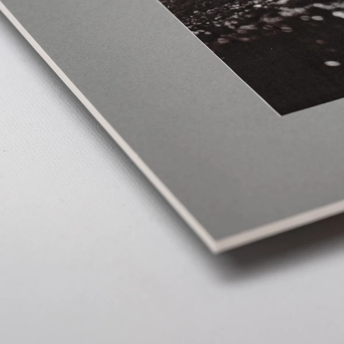 Close-up of black and white coastal photograph showing mussel shells along Musselburgh shoreline with clean graphite border