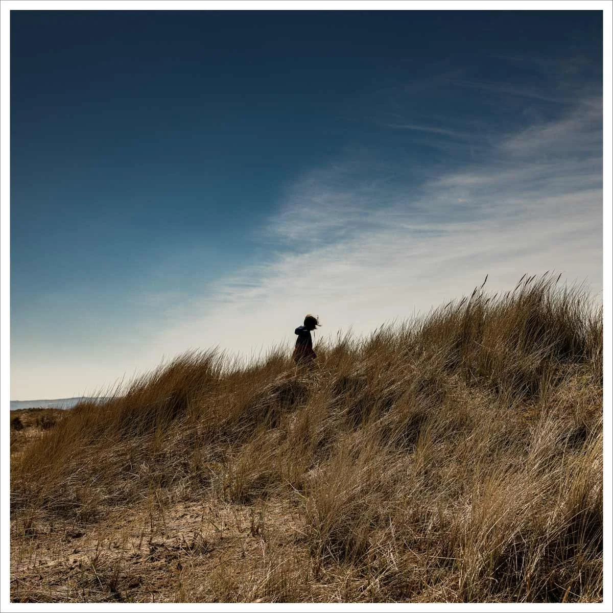Square photograph of a child walking along sand dunes under a wide blue sky on Kinshaldy Beach, Scotland.