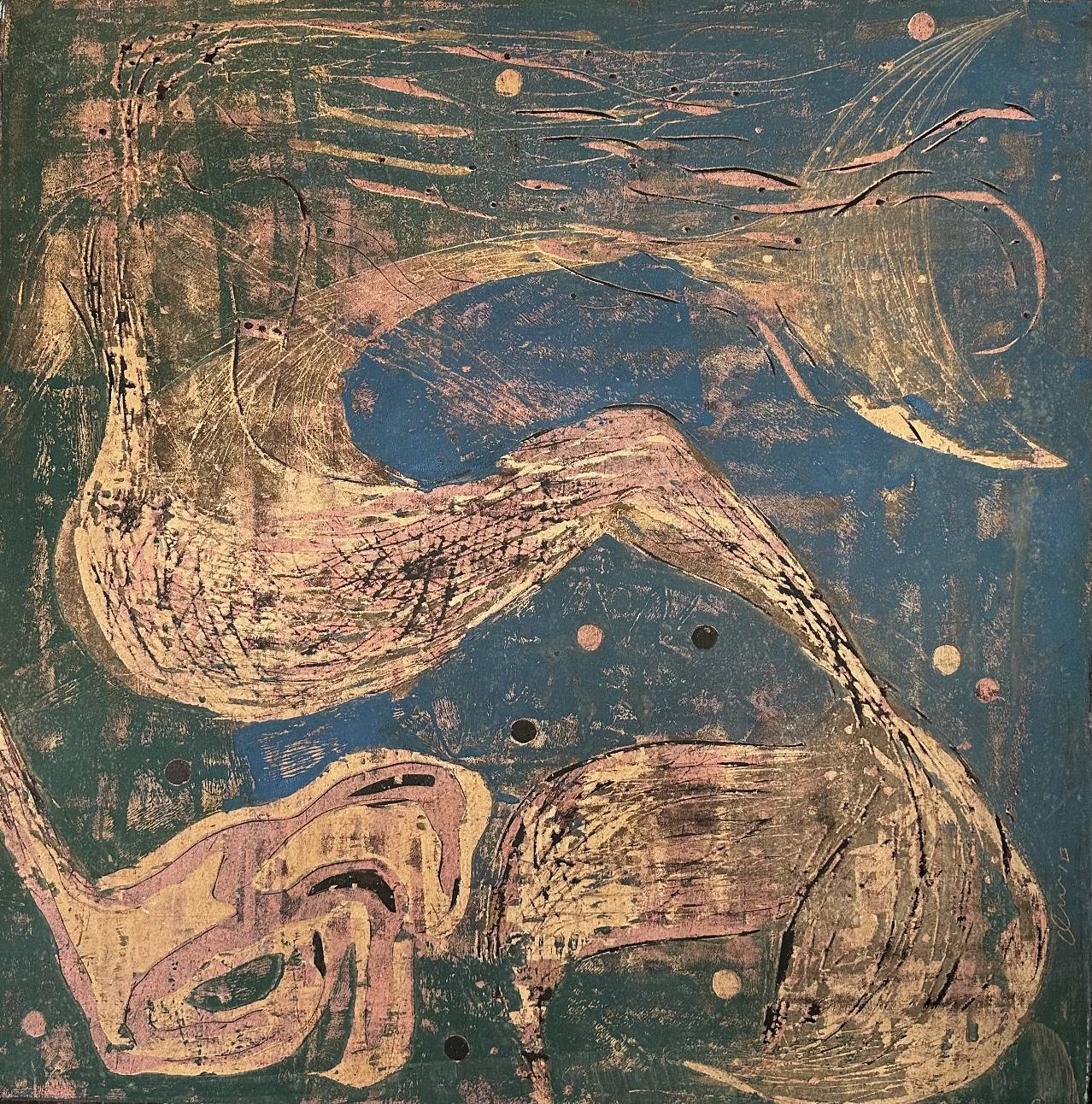 Dreaming of Deep Sea 2023- Woodcut Print, Oil on Canvas - 120x120cm 🟢