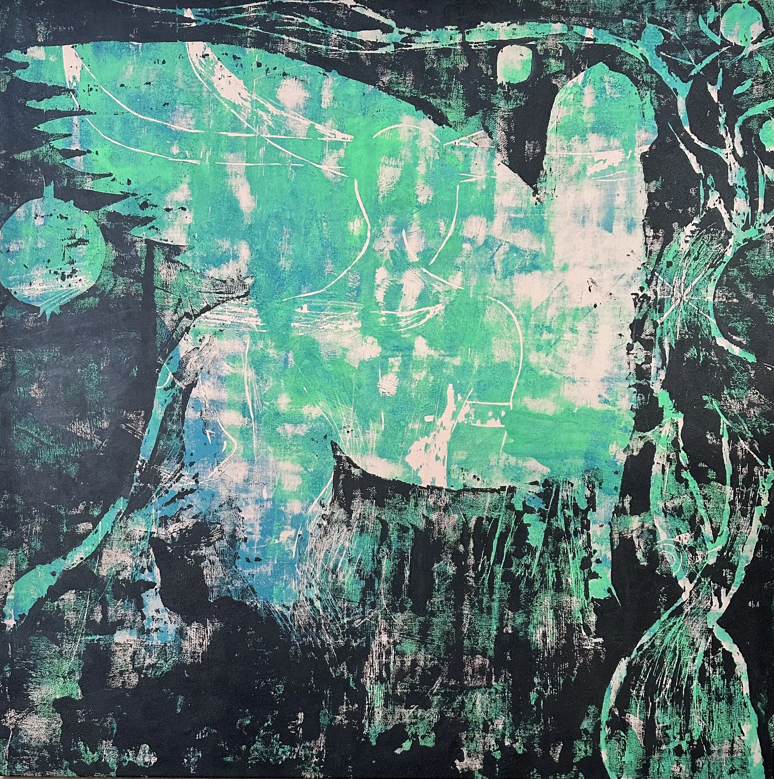 Between Two Worlds 2022- Woodcut Print, Oil on Canvas - 120x120cm 🟢