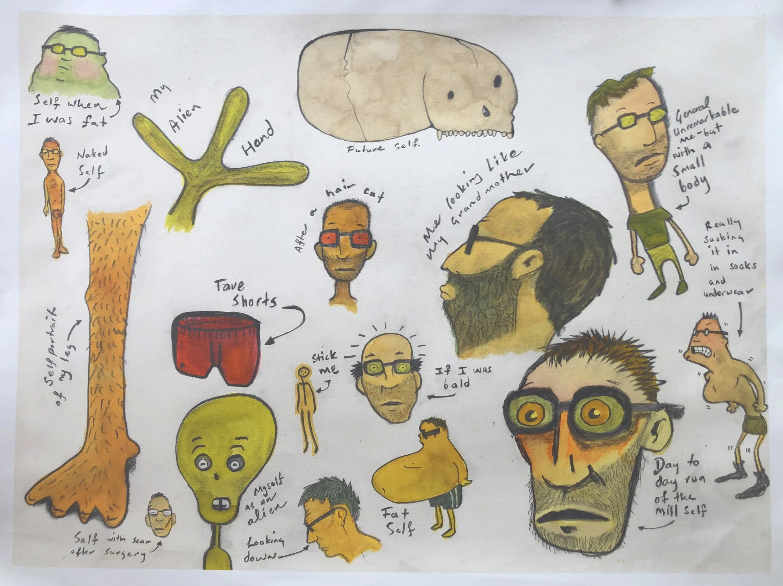 Self Portrait: Graphite and ink on paper.