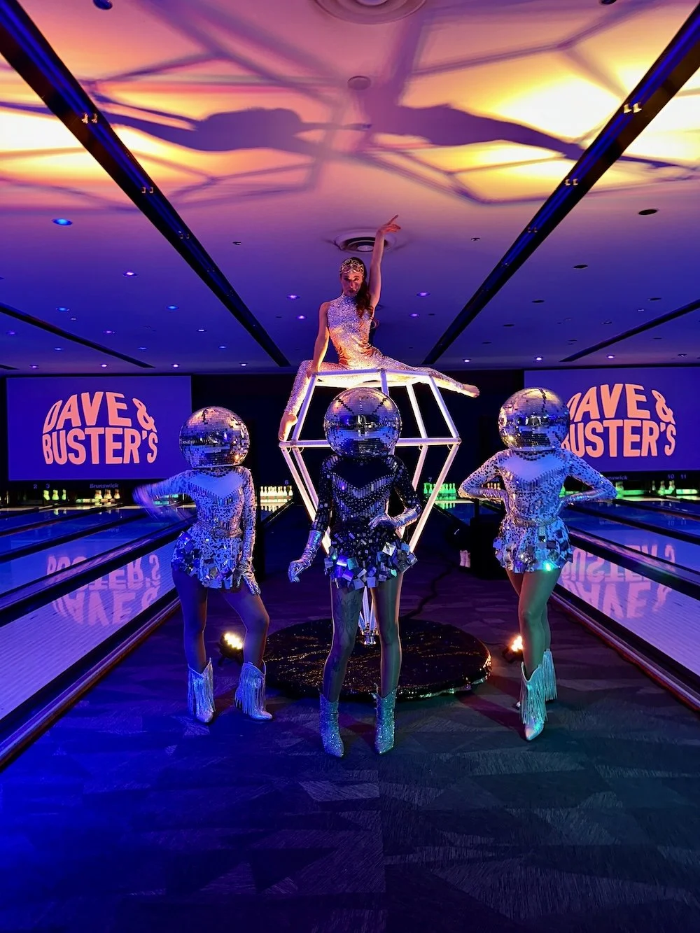 Disco Divas performing alongside the LED Diamond aerial act at a Nashville corporate event.