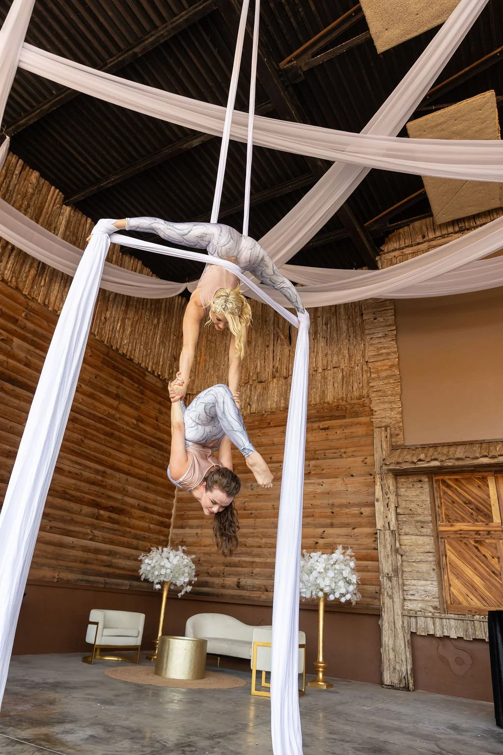 Duo Aerialists perform at Legacy Farms Wedding Venue