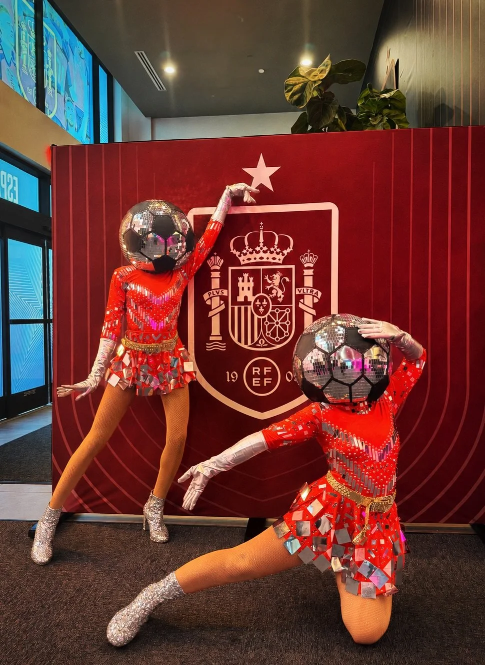 Disco Soccer Ball Mascots Greet Spain National Football Team