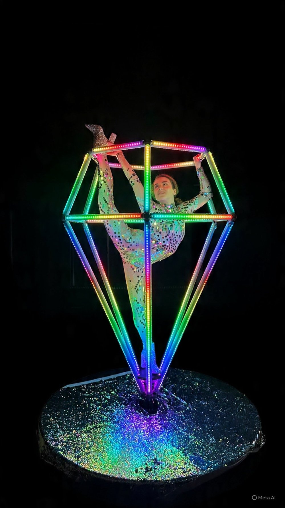 Contortionist performer inside a giant Glowing Diamond Apparatus