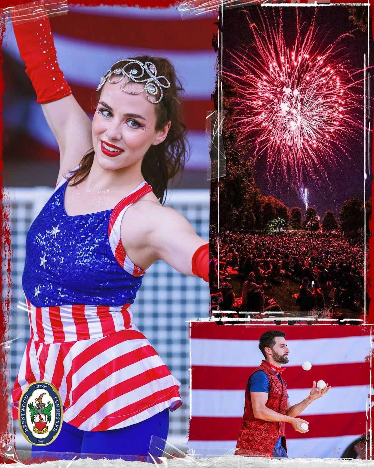 Collage showcasing patriotic circus entertainment at the Red, White & BOOM Fourth of July festival in Brentwood, Tennessee.