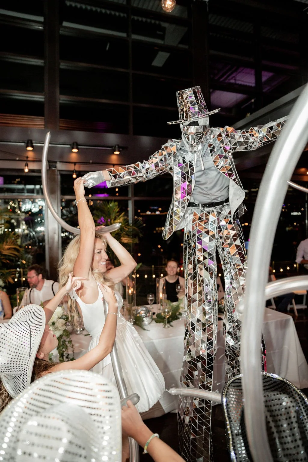 Mirror Man Stilt Performer at a wedding