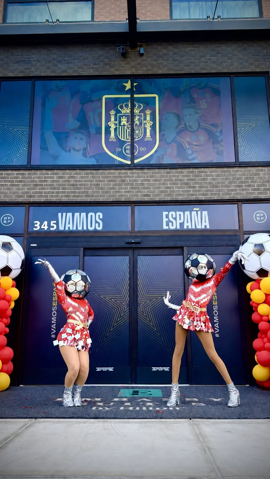 Soccer Ball Disco Mascots welcoming Spain's National Soccer Team in Chattanooga Tennessee during the 2026 FIFA World Cup