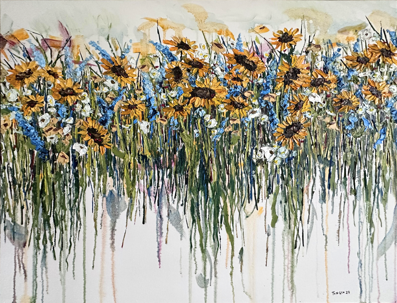 Floating Sunflowers and Blue Perennials--SOLD