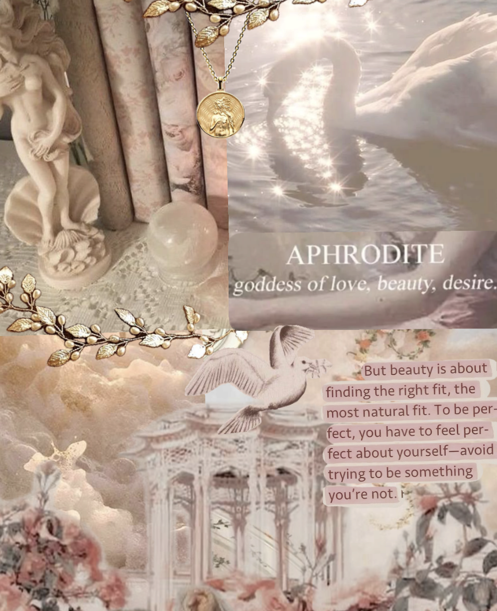 A collage featuring a swan on a lake with sunlight reflecting off the water, a quote about Aphrodite, a white carved angel figurine, a clear glass sphere, a gold necklace with a medallion, and artistic images of clouds, birds, and a temple with pink flowers.