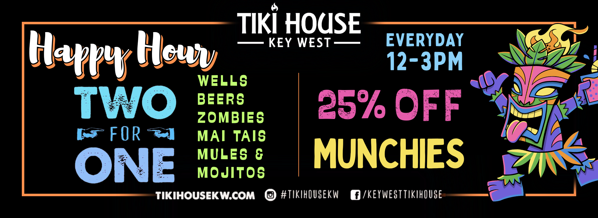 A promotional banner for Tiki House in Key West, Florida, advertising happy hour Monday to Friday from 4 to 6 PM, featuring two-for-one wells, beers, and zombies, or half-price drinks with a Lazy Gecko coin. The banner includes colorful tiki-themed a